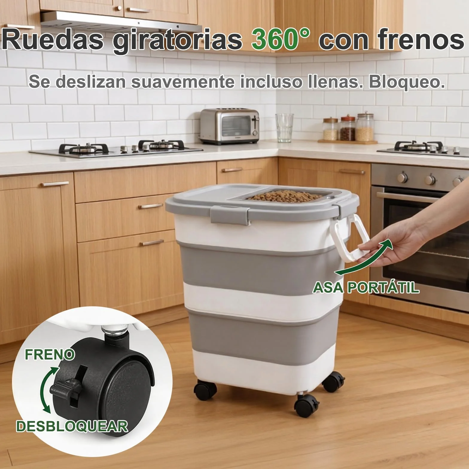 FUSHITON Gran Contenedor de Comida para Perros Plegable con Ruedas 24L/17,5kg – Recipiente Hermético para Pienso con Clip y Junta de Silicona, Incl. Pala + Taza Medidora 1000ml, Plegable Gris