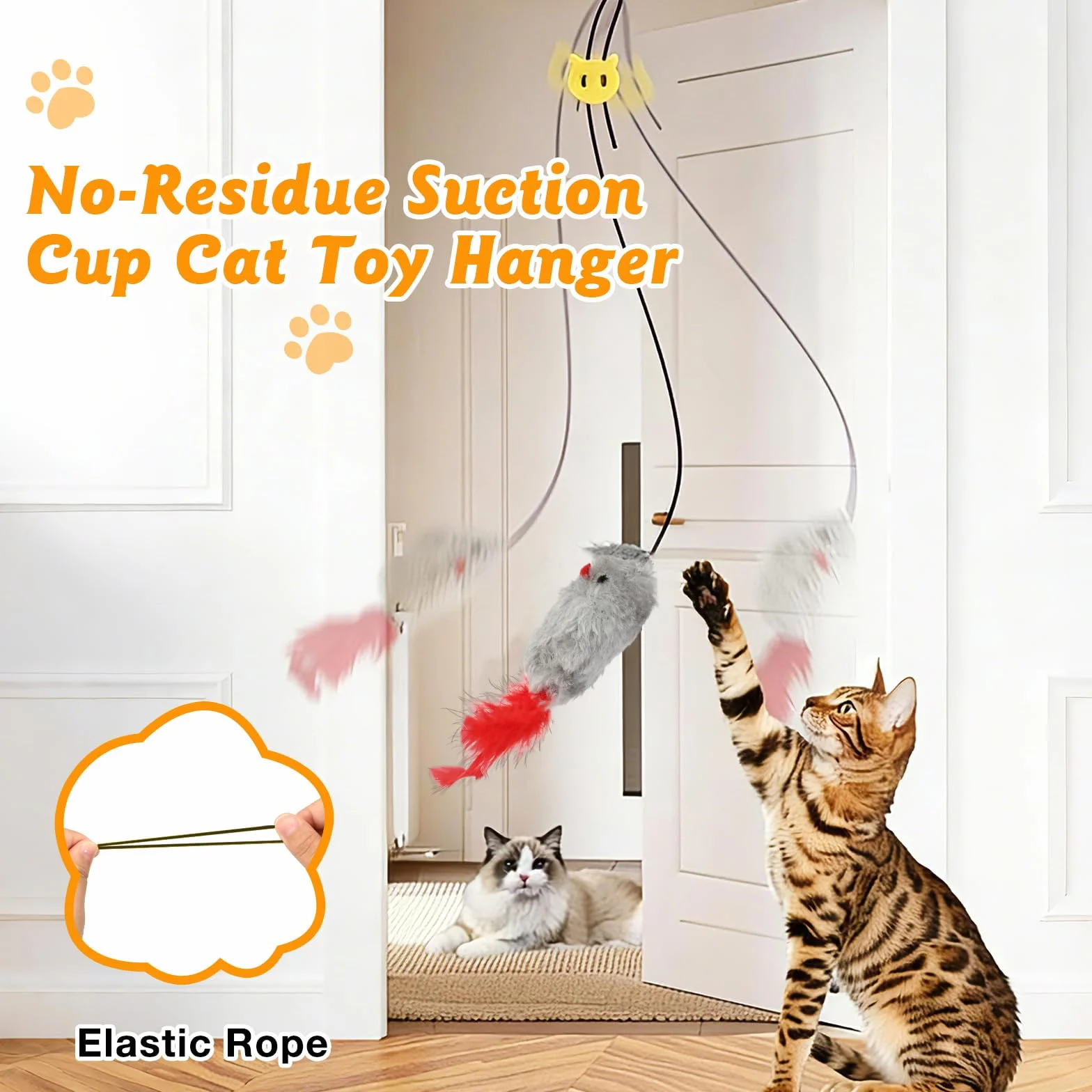 Romon Juguetes para Gatos, Set de 3 con Raton y Pájaro, Juguete Gatito Colgado de Puerta, Juguete Interactivo Gato con Cuerda Elástica Ajustable y Ganchos Adhesivos Transparentes