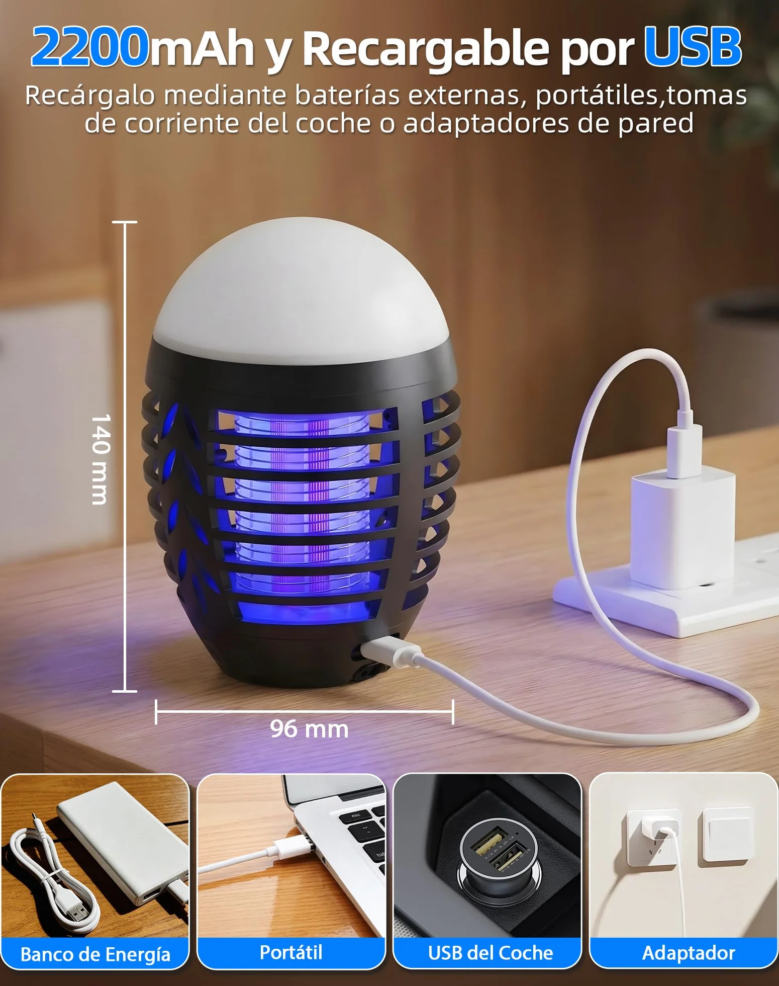 Lámpara Antimosquitos 2 en 1 LED USB Recargable IP66 Impermeable UV para Exterior Camping