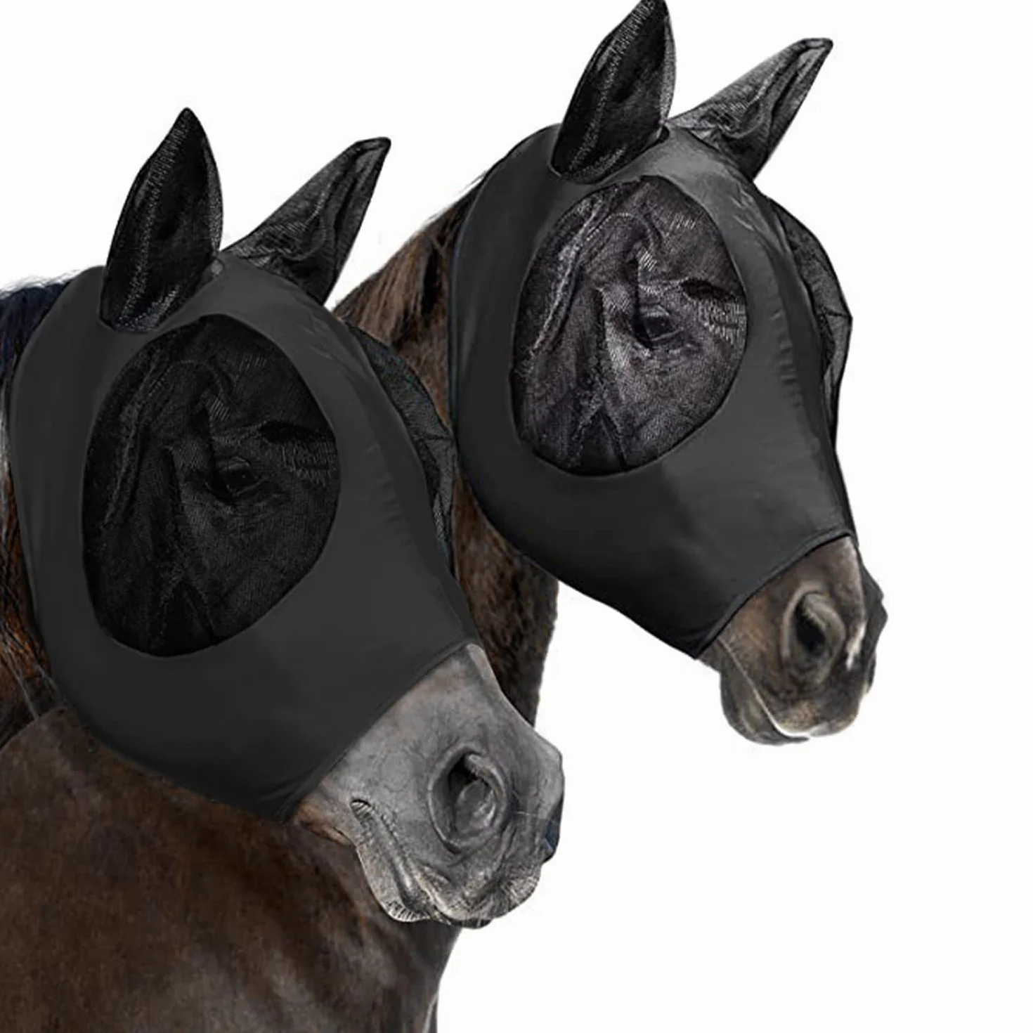 Máscara antimoscas para caballos con orejeras, malla transpirable anti-UV, elástica (negro)