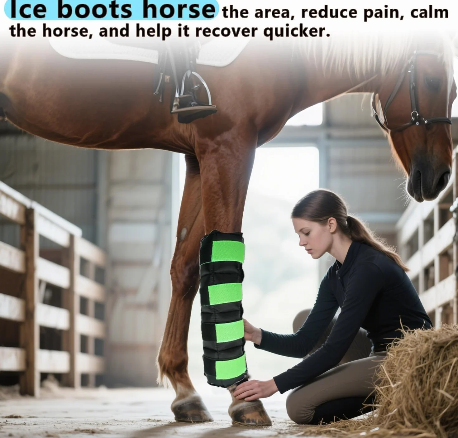 Botas de hielo de caballo para lesiones de caballo, dolor muscular, enfriar las piernas, abrigos fríos para hock, tobillo, rodilla, piernas, botas y pezos, negro verde, 1 par (2 paquetes)