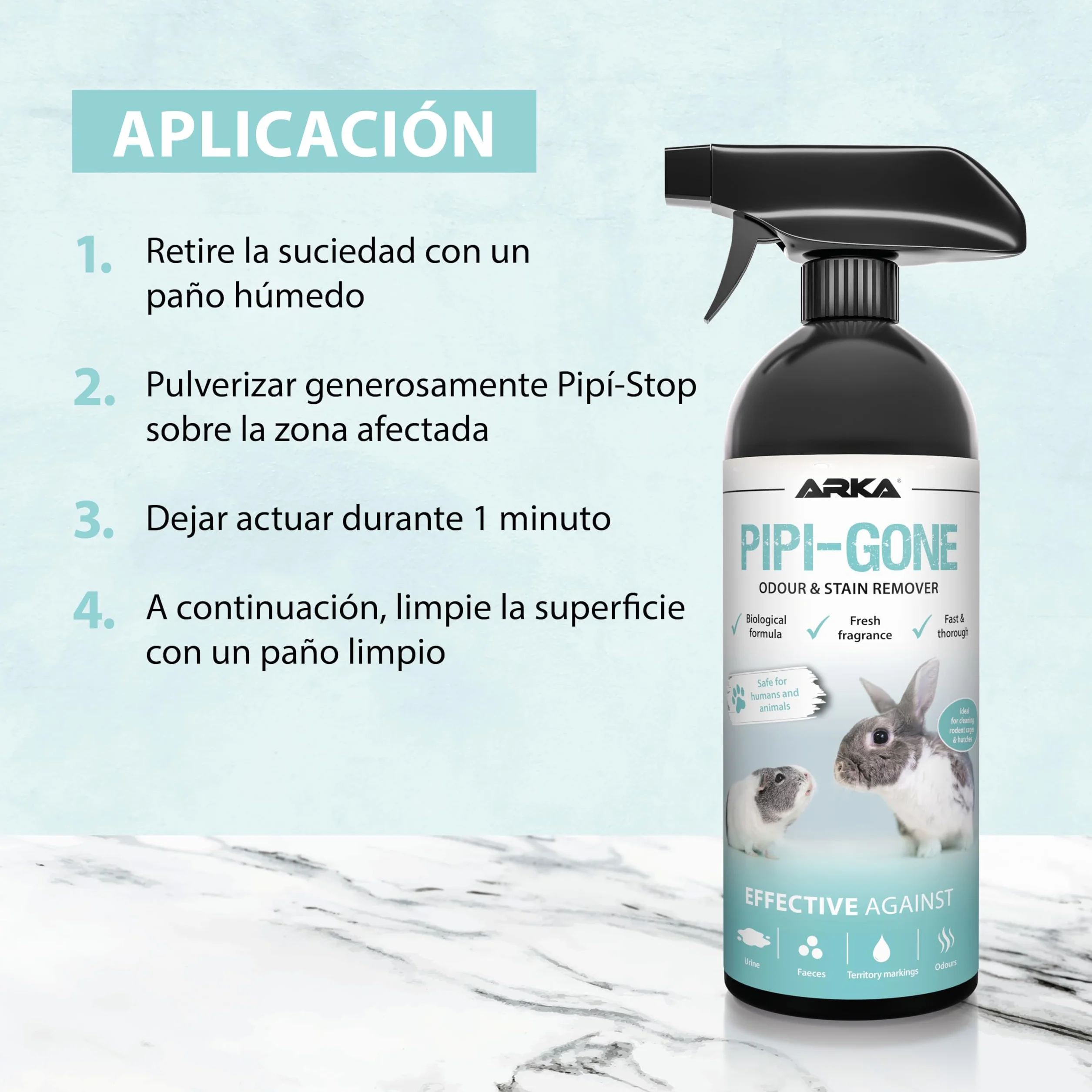 Limpiador jaulas roedores 750 ml – Spray enzimático Pipi-Stop de ARKA – Elimina orina, heces y olores de Animales – biológico, Seguro y eficaz – Ideal para jaulas, Suelos, Esquinas y casetas