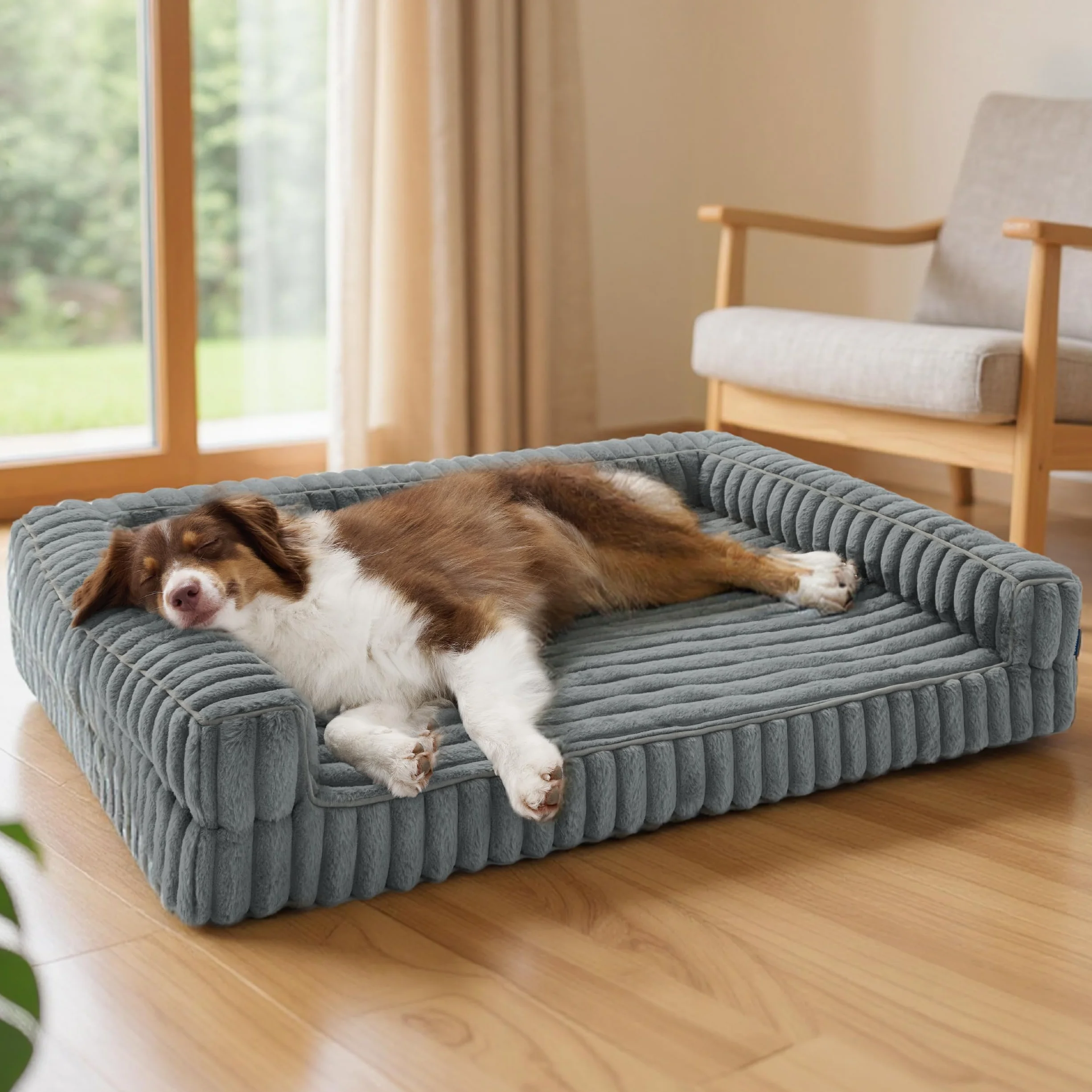 Bedsure Cama Perro Ortopédica Grande - 89x64x18cm Camas para Perros Tipo Sofá con Espuma Viscoelástica y Bordes, Impermeable, Base Antideslizante, Funda de Pana Extraíble y Lavable, Gris