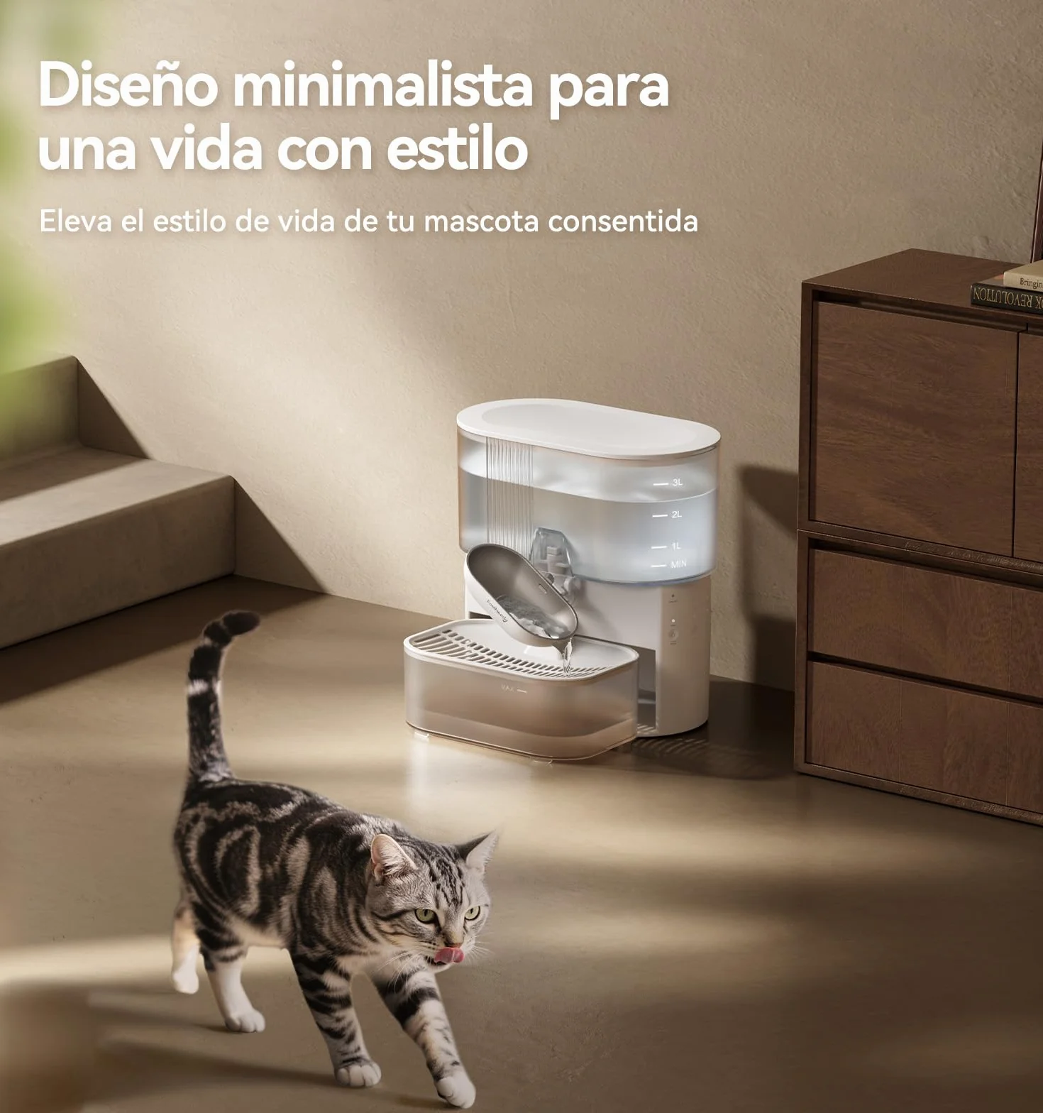 FEELNEEDY Fuente para Gatos Sin Filtro e Inalámbrica con Batería 2000mAh, Separa el Agua Limpia del Agua Usada, Cuenco de Acero Inoxidable, Bebedero Gatos Sin Cable 3,5L, Blanca
