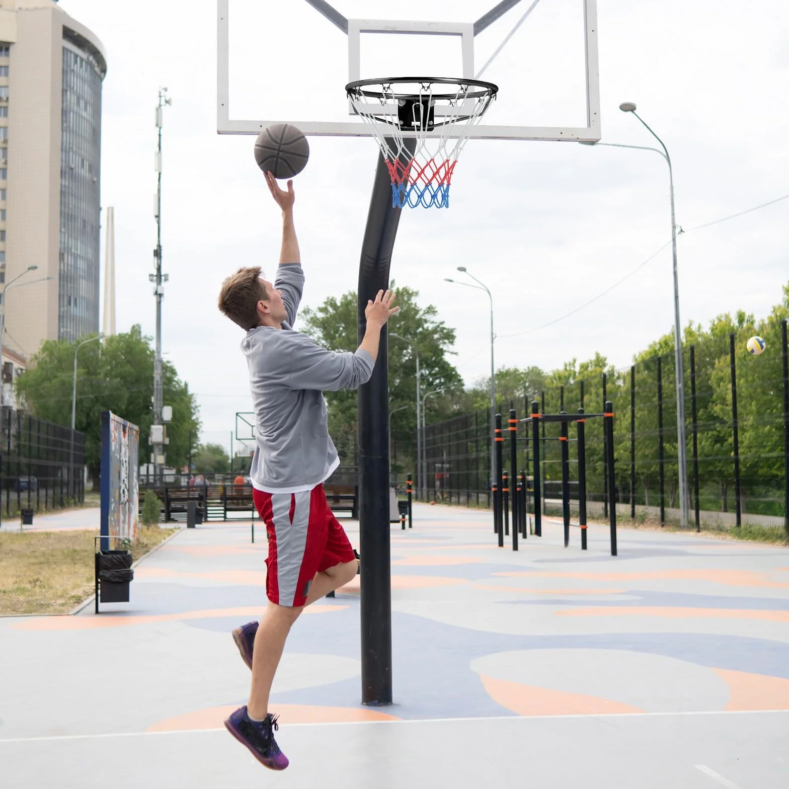 Canasta de Baloncesto de Pared Ø45 cm, Aro Macizo con Soporte y Red, Metal para Interior y Exterior