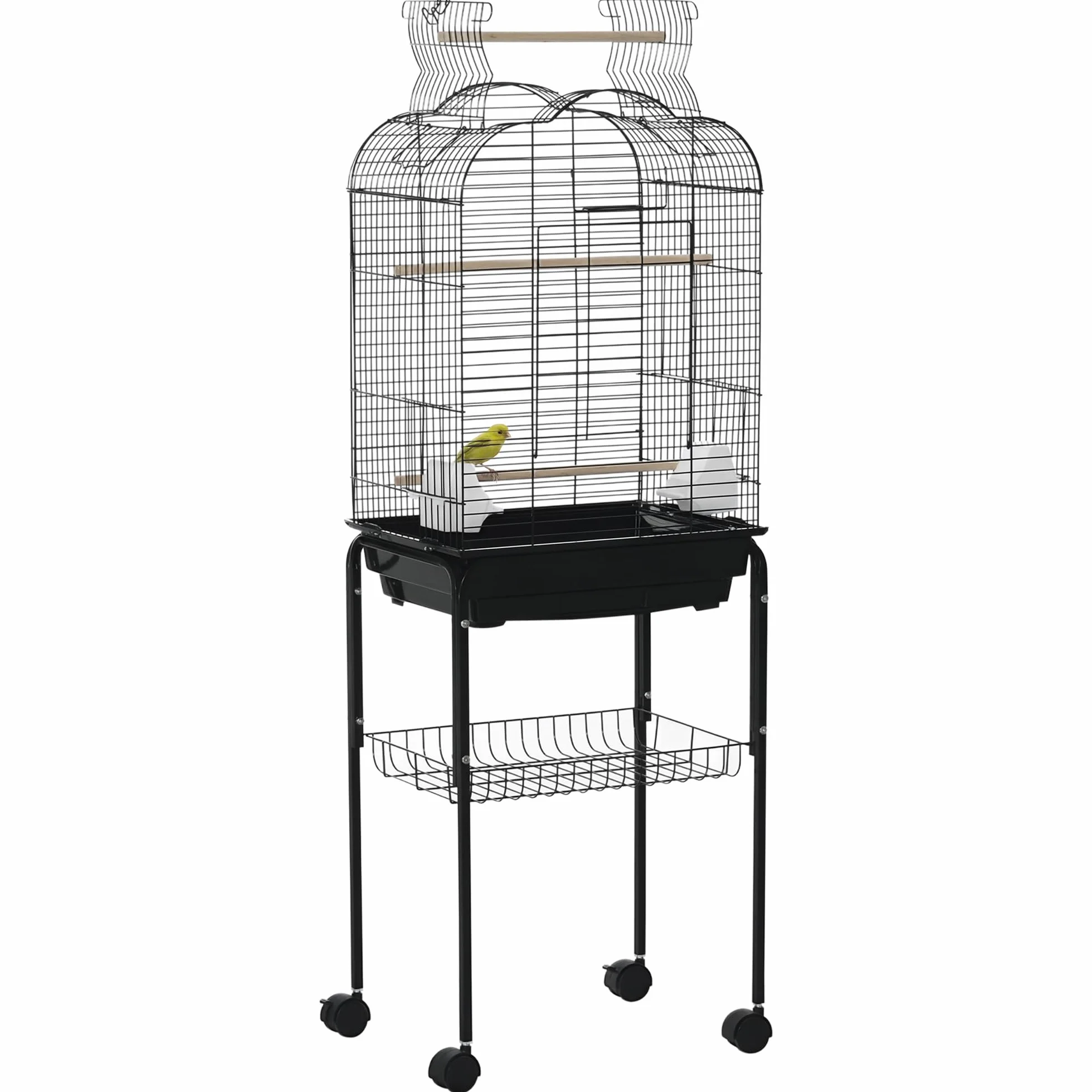 PawHut Jaula para Pájaros con Soporte Jaula de Aves Canarios con 4 Ruedas Techo Abrible 2 Comederos 3 Perchas Bandeja Extraíble y Estante Inferior 46x36x130 cm Negro