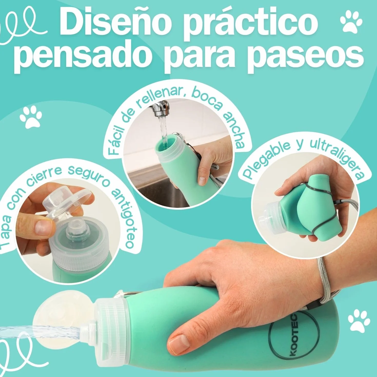 Botella Pipi Perros Silicona Plegable 400ml + Mosquetón + Goma Elástica + Cinta Ajustable 18cm | Botella Pipi Perros Calle con Chorro a Presión Controlable Antigoteo y Portátil (Verde Menta)