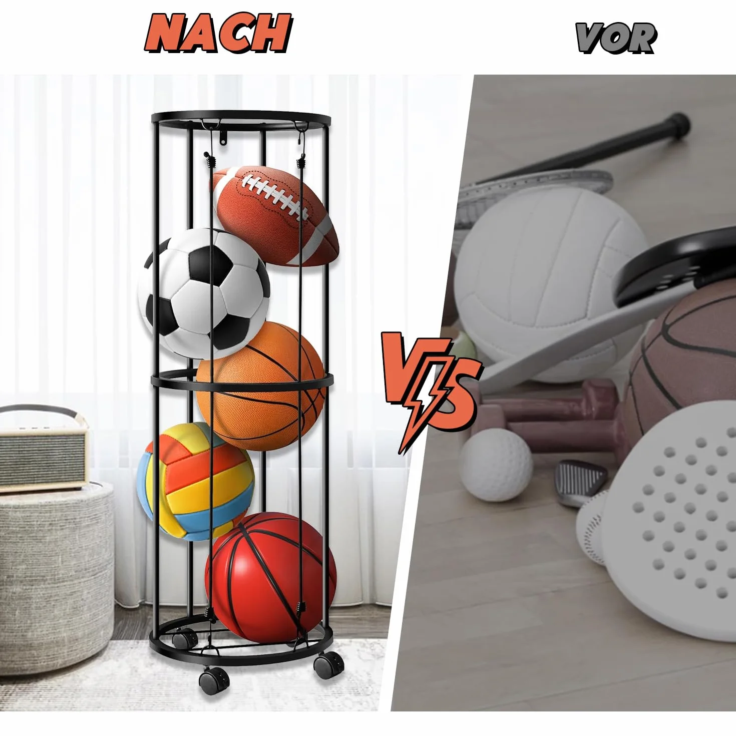 Soporte vertical para pelotas con ruedas, jaula de almacenamiento montada en la pared, estantería para baloncesto, fútbol y voleibol