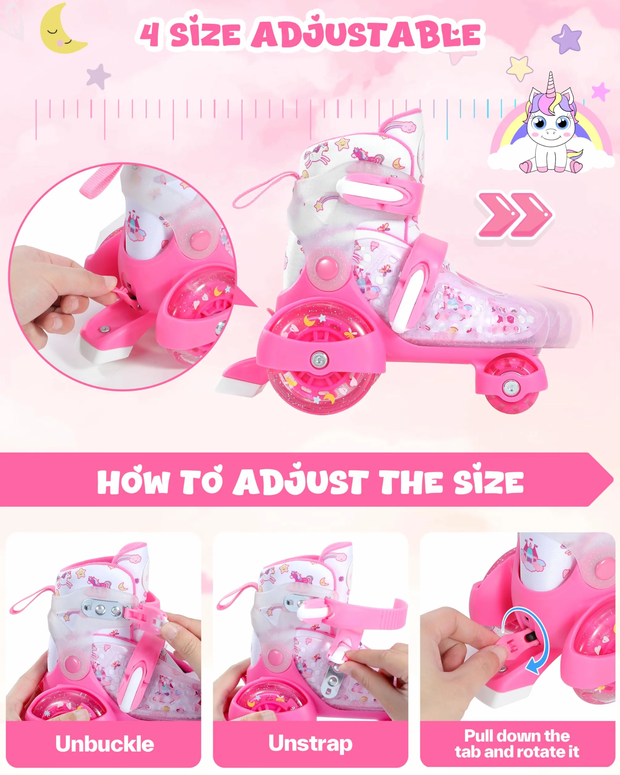 Patines 4 Ruedas Niña EU 24-31 Unicornios Ajustables 3-8 Años con LED Iluminación