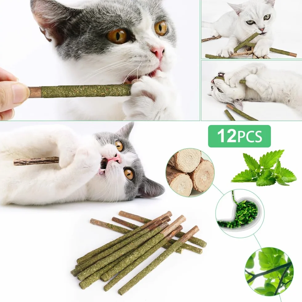 OSDUE Palitos De Hierba Gatera, 12 Masticar Palos para Gatos, 100% Orgánico Natural, para Aliviar el Aburrimiento y Limpiar los Dientes