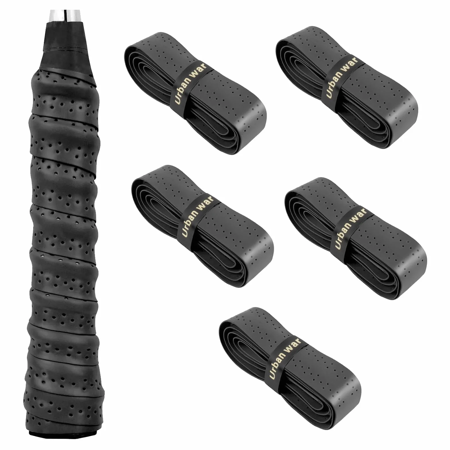 Overgrips Antideslizantes para Raquetas, Negros Perforados, Absorción Sudor, 5 Unidades