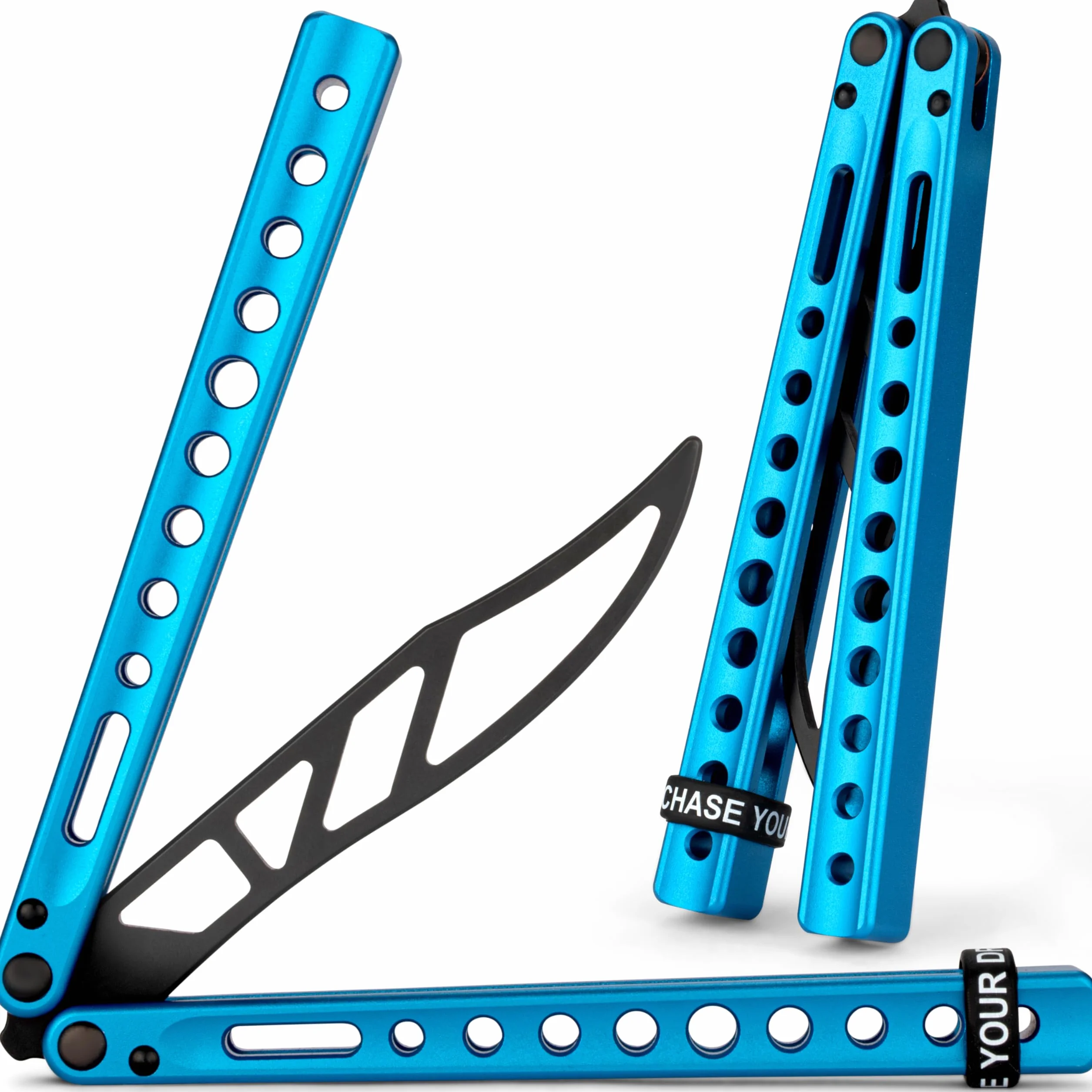 Entrenador profesional de mariposas CNC aluminio hoja roma cuchillo entrenamiento azul