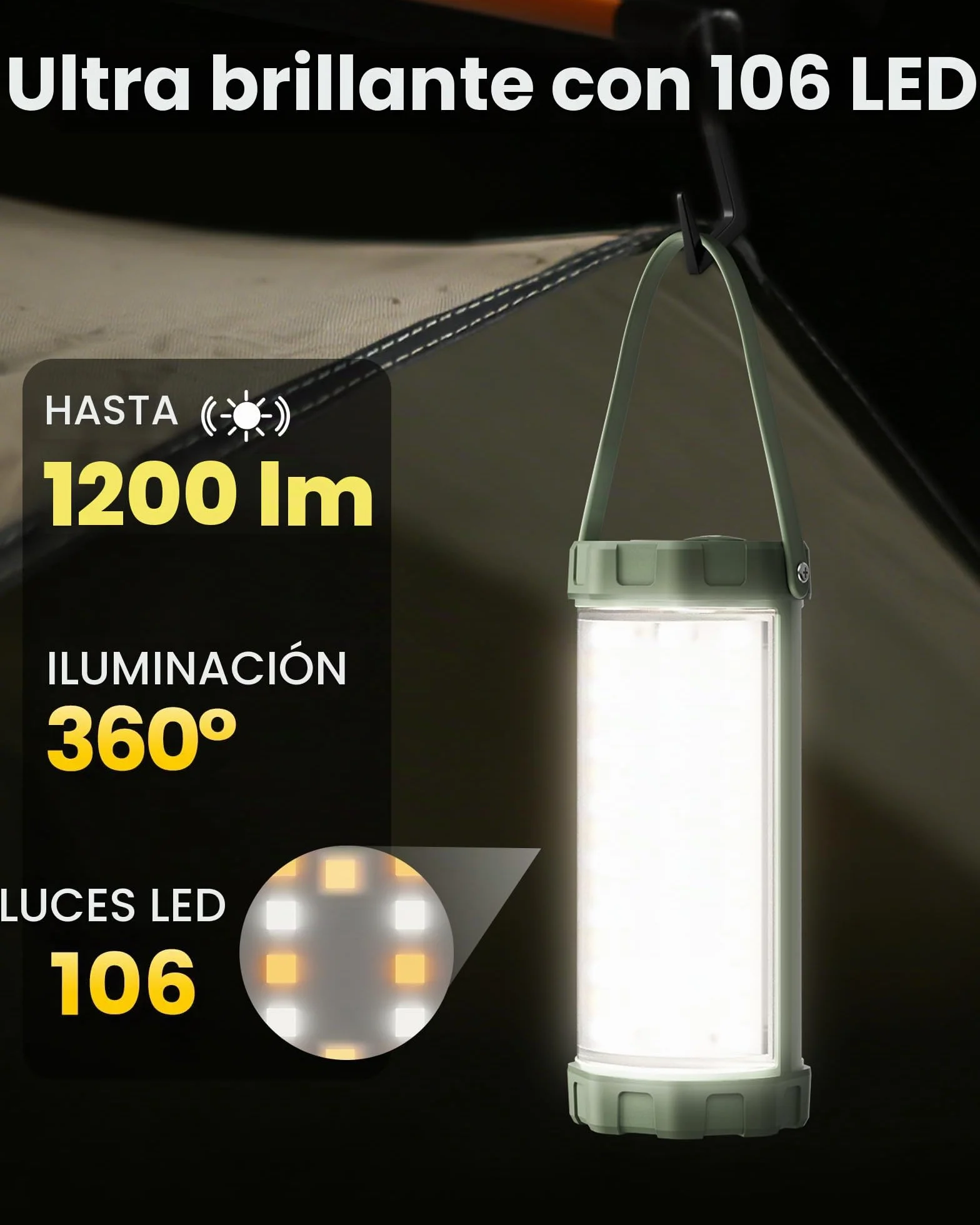Glocusent Lámpara Camping LED 1200LM 5000mAh 120h IP68 Impermeable Recargable