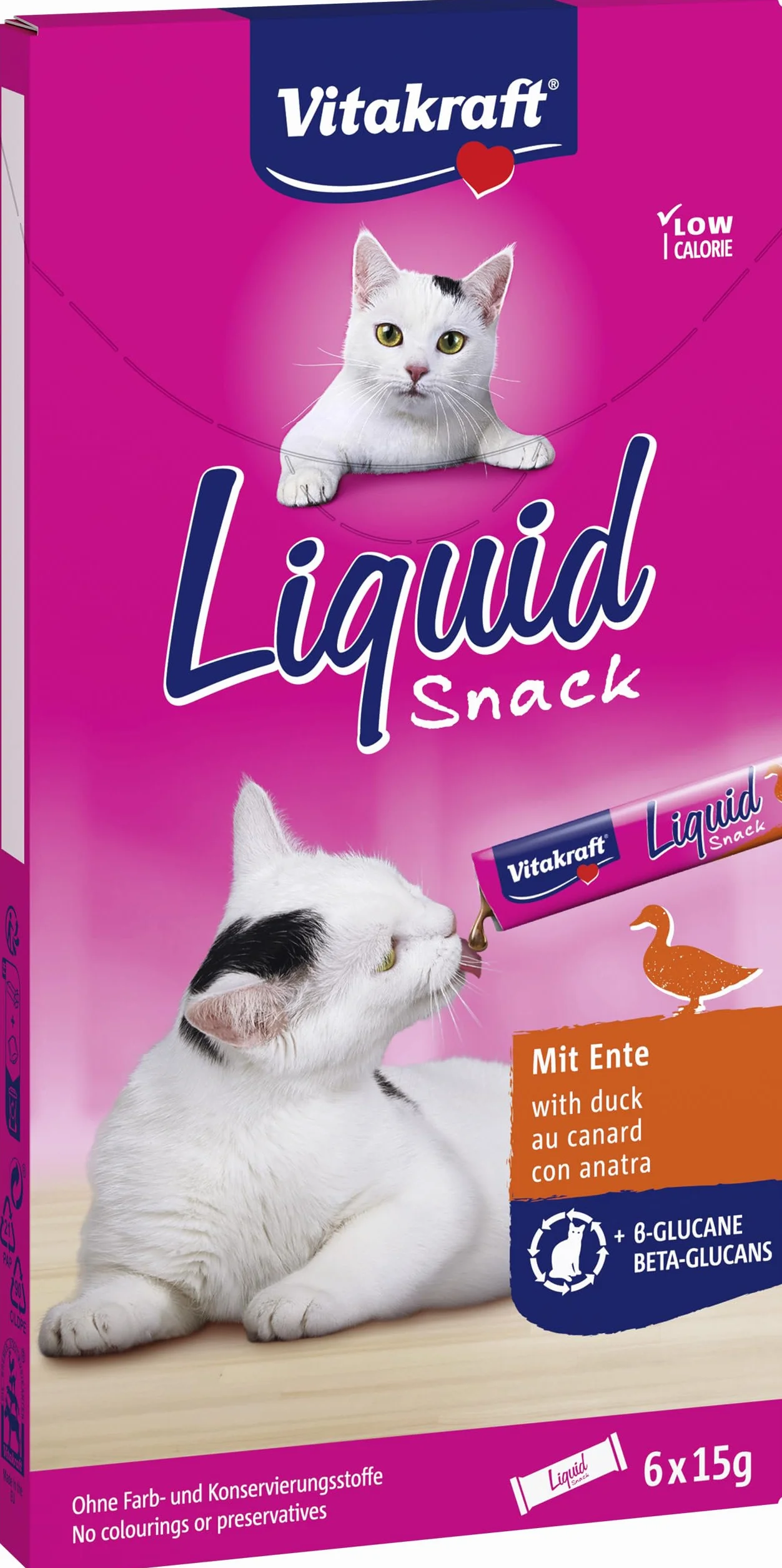 Vitakraft Liquid Snack, golosina para Gatos, Snack cremoso para Gatos, con Pato y betaglucanos, en Sobres Individuales, Mejora Las defensas inmunitarias (1 Paquete de 6X 15g)