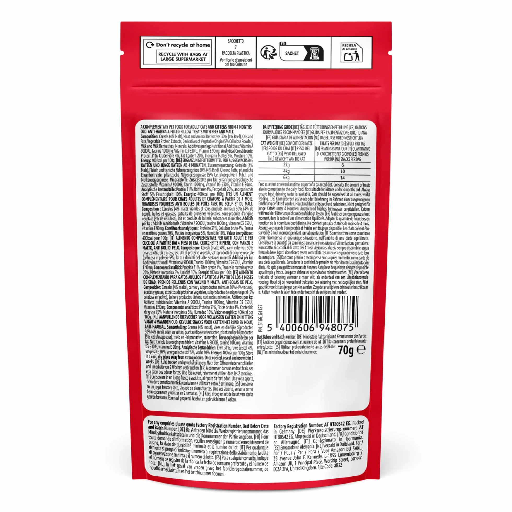 by Amazon - Chucherías para gatos - Bocados crujientes y cremosos, combaten bolas de pelo, con ternera y malta, 70 g