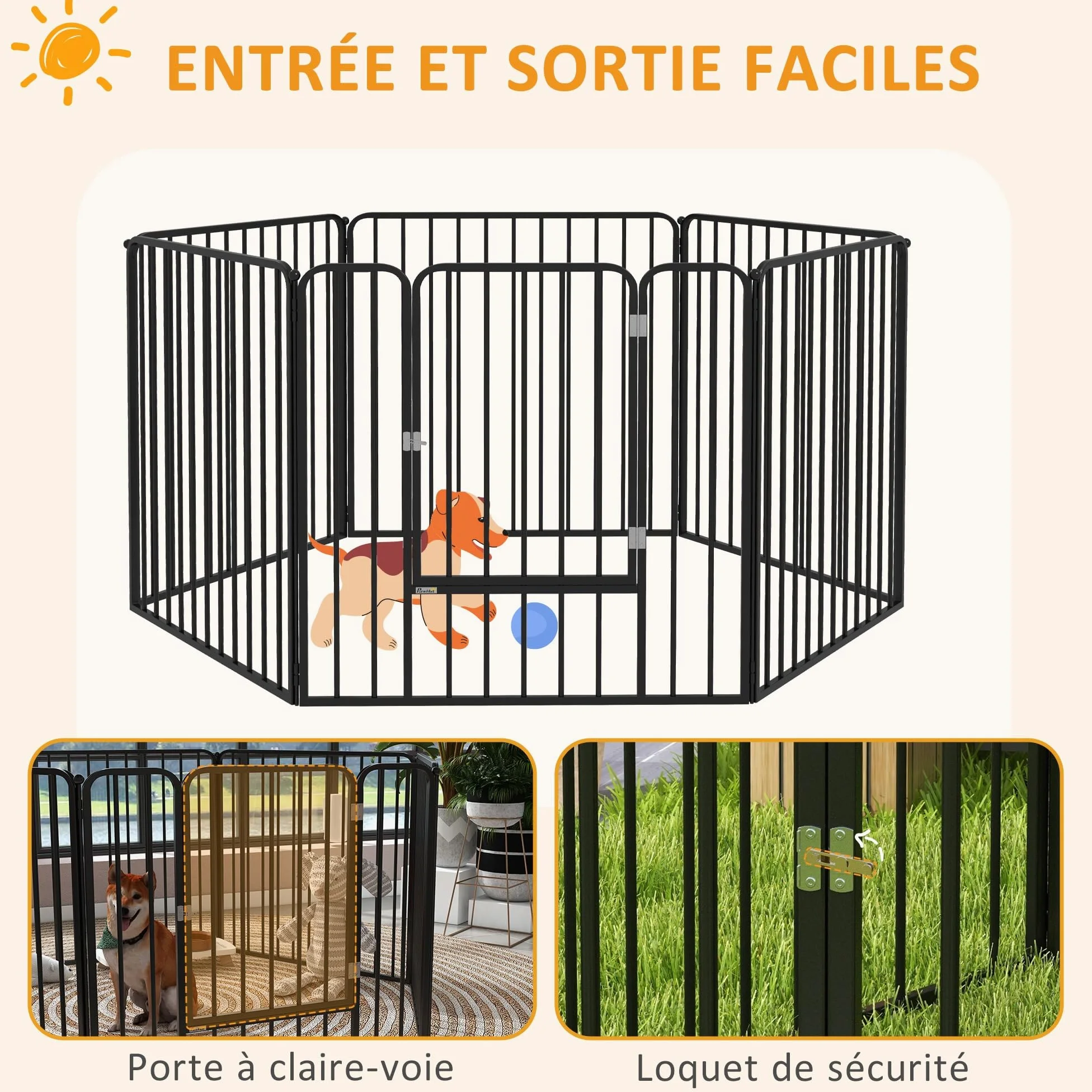 PawHut Parque modular para perros y cachorros con 1 puerta 80x80 cm Negro | Valla, 6 paneles, Parque de acero para juego y ejercicio para perros, cachorros, mascotas, altura 80 cm