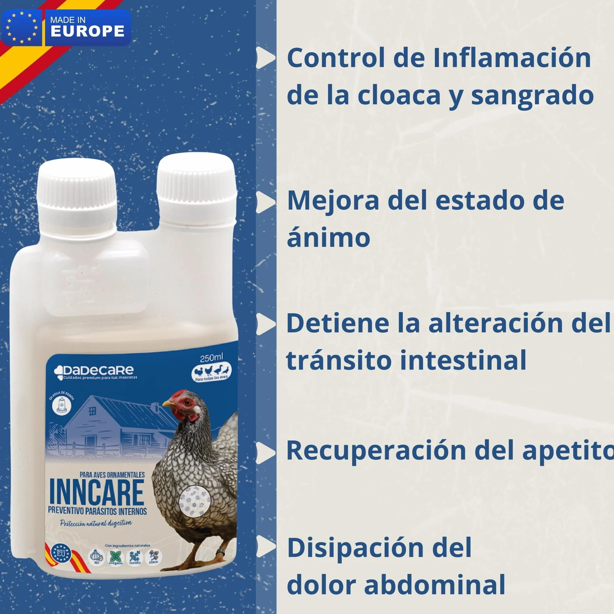 Preventivo Parasitos Internos Natural 250 ml - Gallinas, Aves de Corral y Exóticas - Previene y Trata Problemas digestivos - Fórmula Natural - Extracto de Ajo y Oregano - Inncare