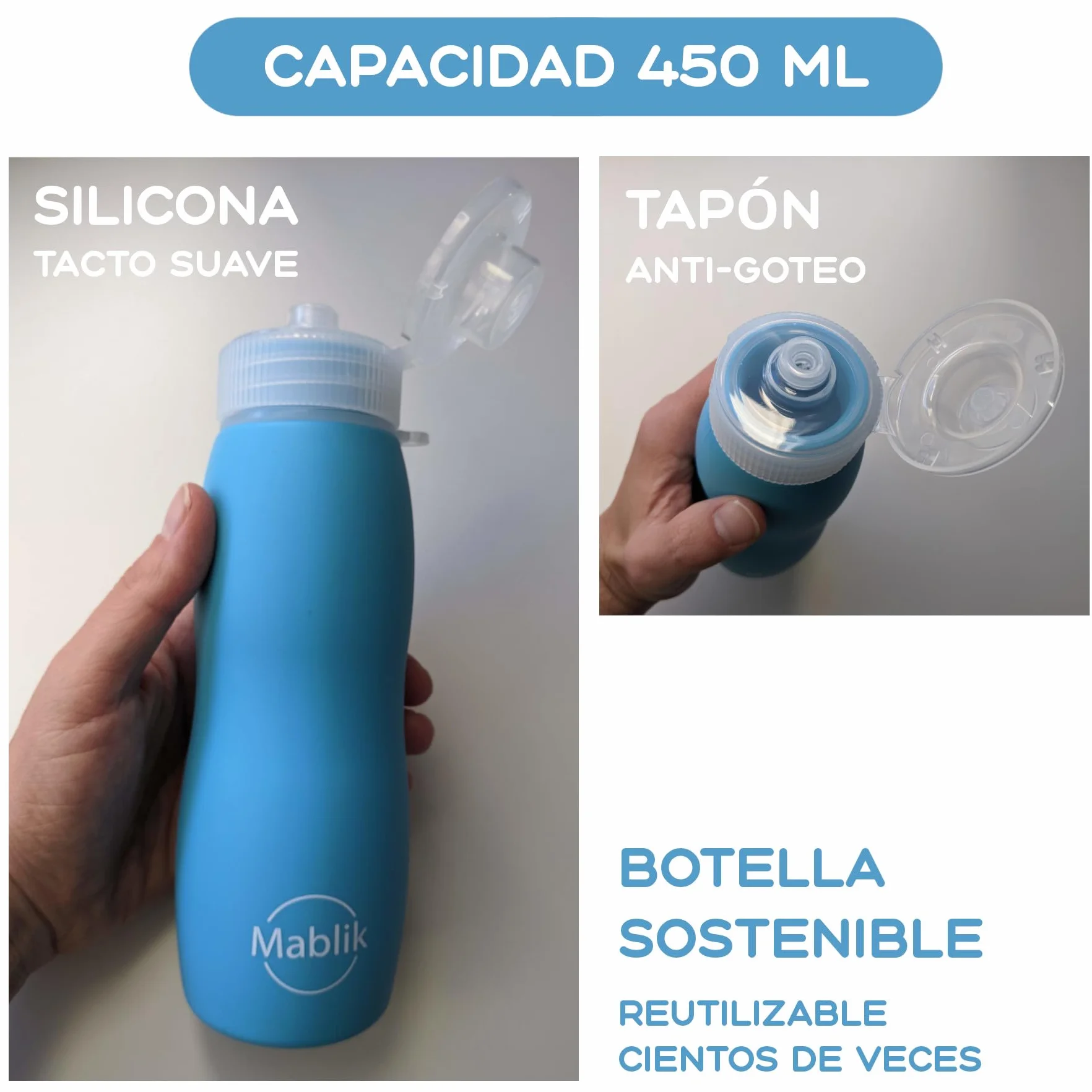 Botella Pipi Perros Silicona 450 ml, Color Azul. Botella Pipi Perros Calle, Plegable y Portátil Antigoteo, Resistente, Chorro a Presión. con Mosquetón y Goma Elástica. (Azul 450 ml)
