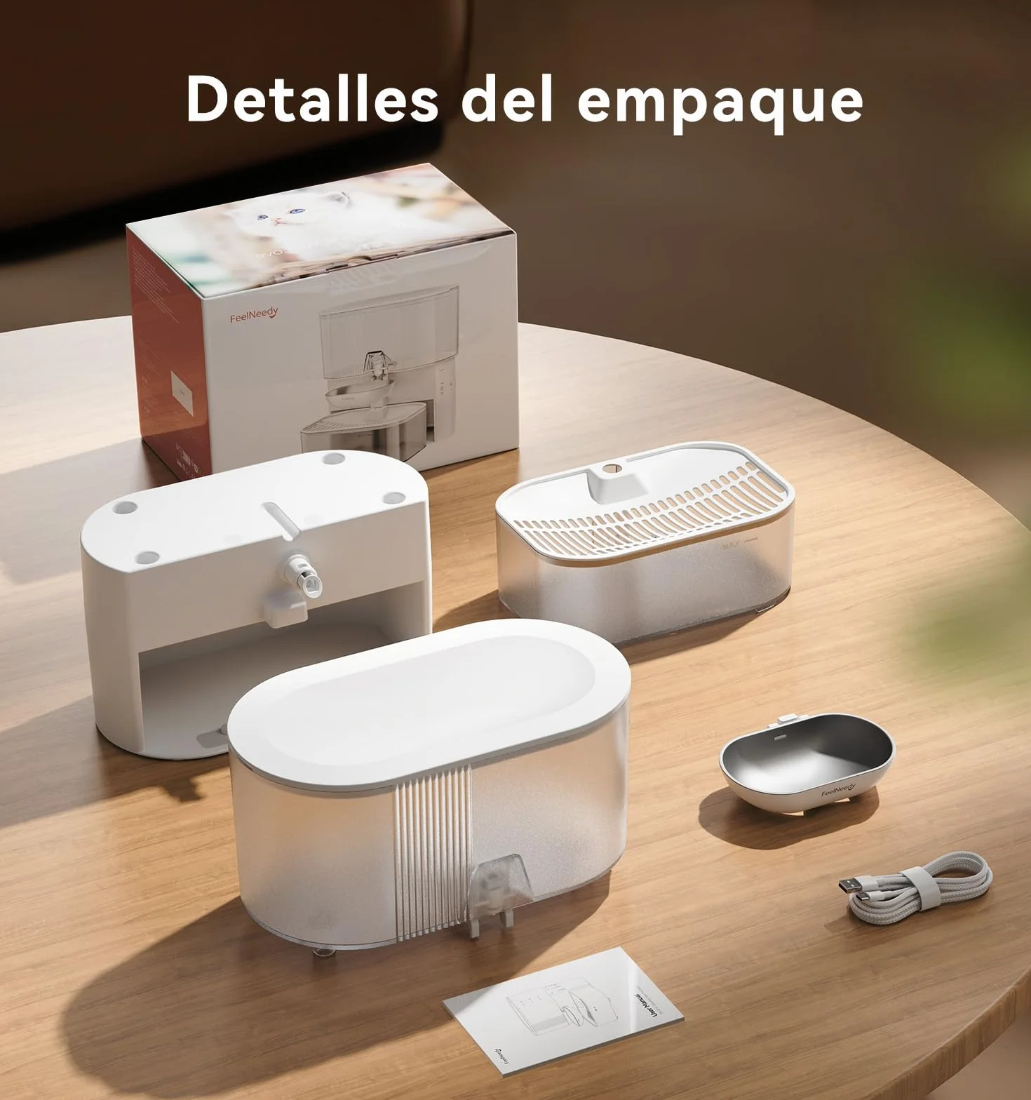 FEELNEEDY Fuente para Gatos Sin Filtro e Inalámbrica con Batería 2000mAh, Separa el Agua Limpia del Agua Usada, Cuenco de Acero Inoxidable, Bebedero Gatos Sin Cable 3,5L, Blanca