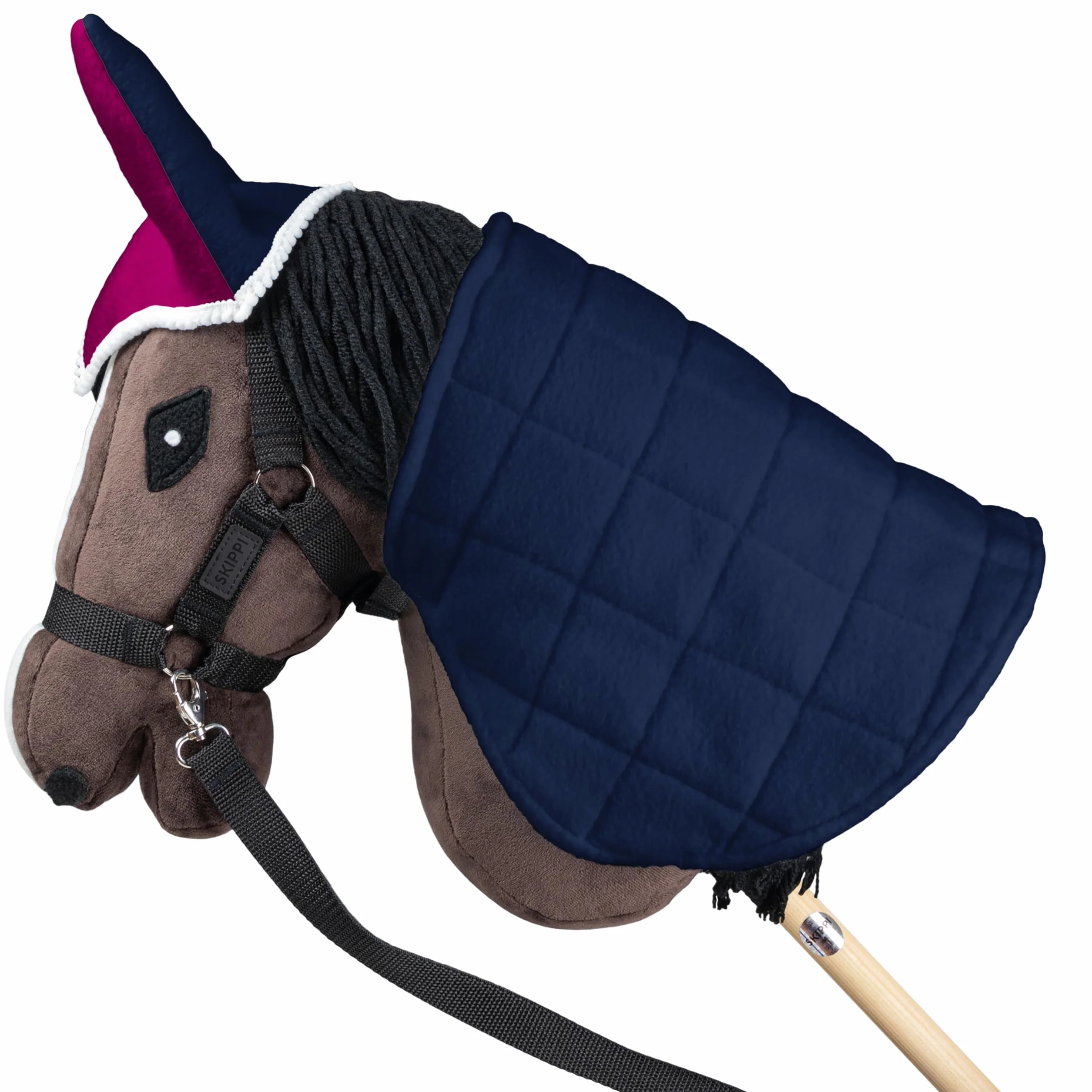 SKIPPI Manta y Orejeras para Caballo Hobby Horse – Fucsia y Azul Marino, Hobby Horse Accesorios, Manta Reversible y Orejeras Antimoscas para Caballo de Palo, Hobby Horsing