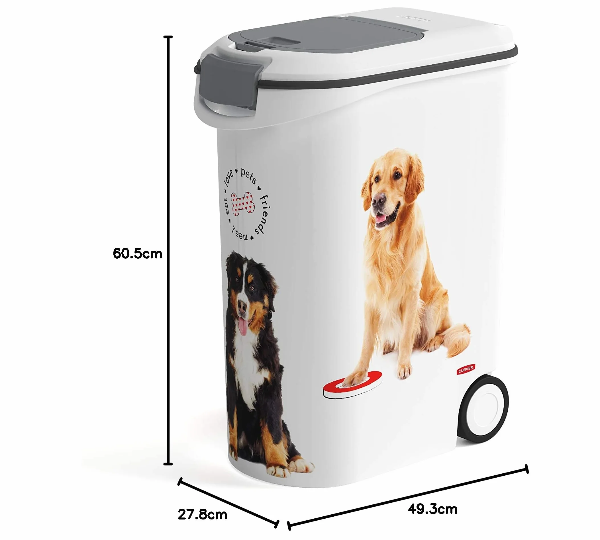 Curver Contenedor de comida,pienso para mascotas con Ruedas 20 Kg/ 54 L, Sellado de goma antiolores, Decorado perros, 28 x 50 x 61 cm