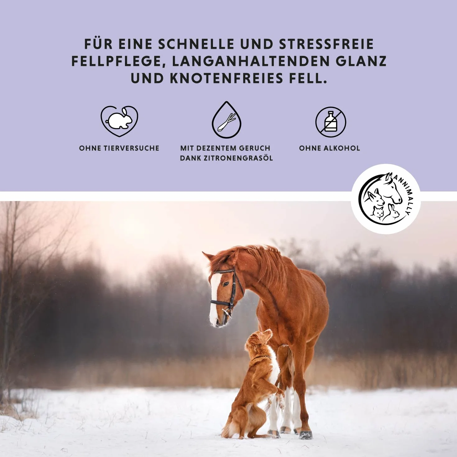 Annimally Spray para Crines para Caballos 500ml - Spray para Cola y Spray para Desenredar para Caballos y Perros, para un Desenredo más Fácil y un Brillo Sedoso del Pelaje