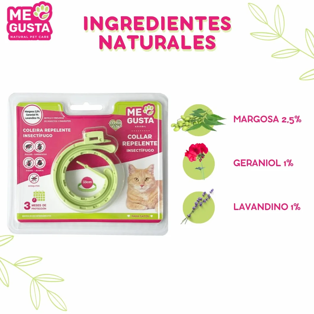 ME GUSTA Collar Repelente para Gatos con 3 Activos Naturales Margosa, Geraniol Y Lavandino | Repele Todo Tipo de Insectos | Fragancia Cítrica | Estuche | 30 cm