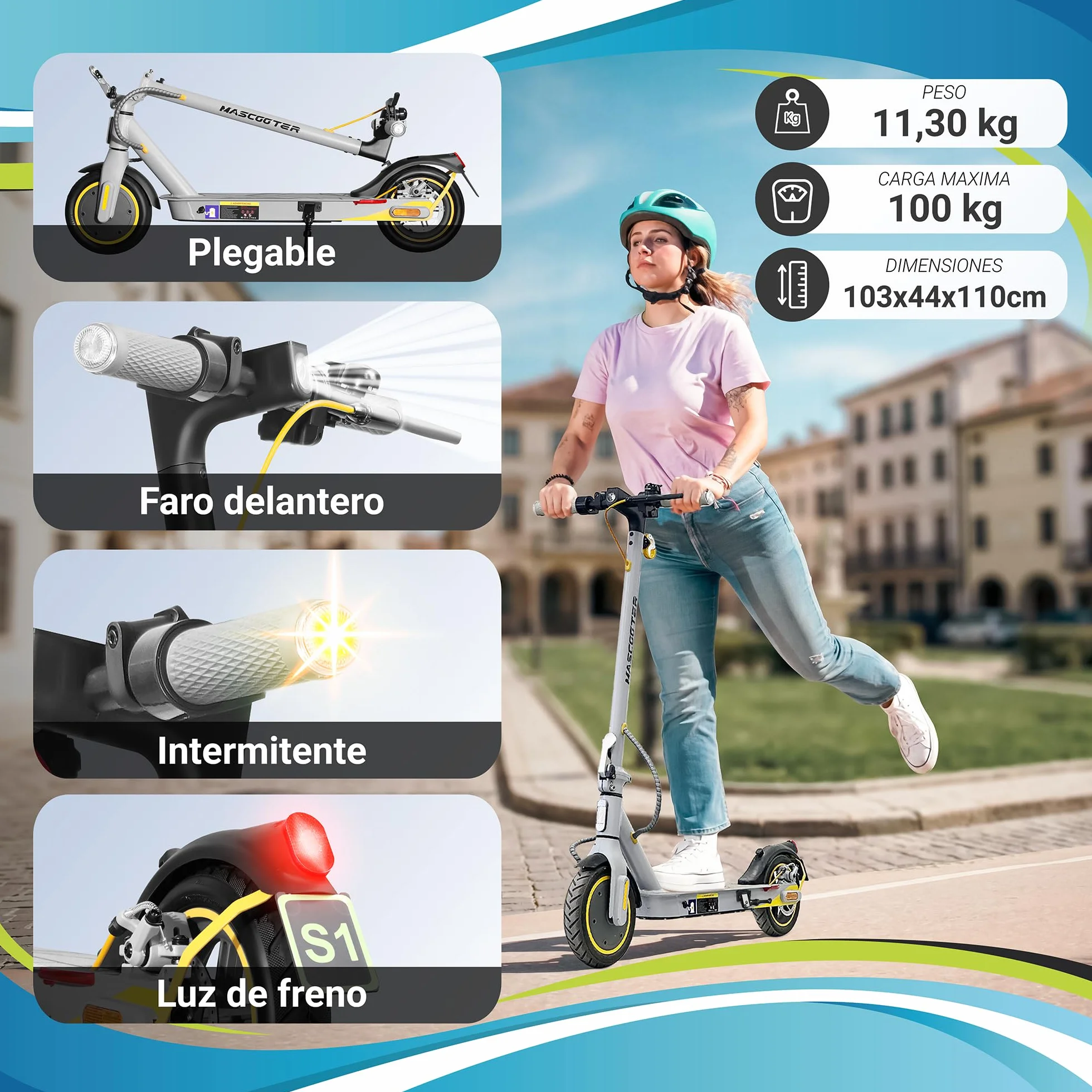 MASCOOTER S1 Patinete Eléctrico Adultos Homologado DGT 300W-600W MAX 20km Autonomía App Móvil