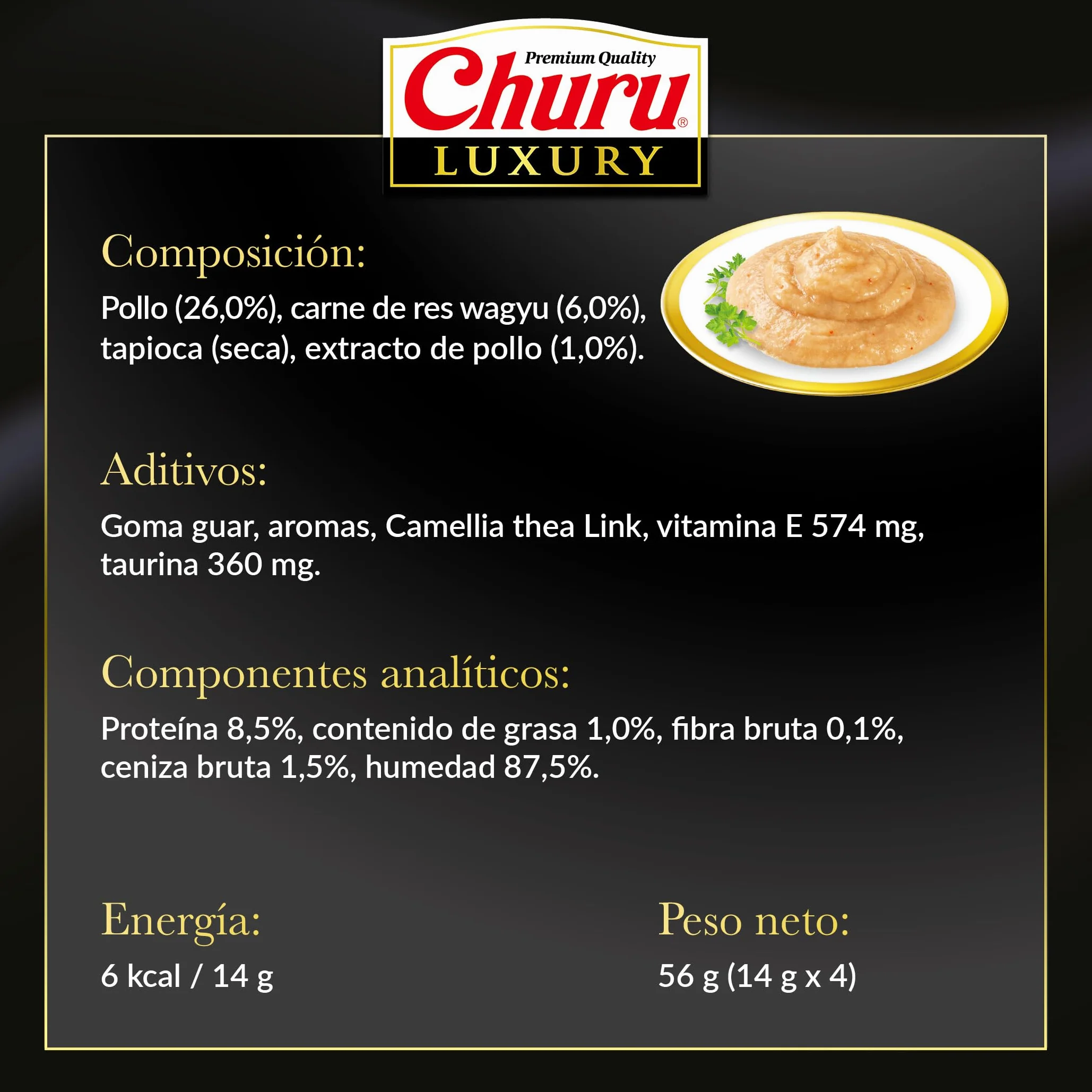 INABA Churu Luxury Gatos - Receta Saludable de Pollo y Carne de Wagyu - Deliciosos Premios con Textura Suave y Cremosa - Natural, Sin Cereales, Sin Colorantes-56g (4 Tubos x 14g)