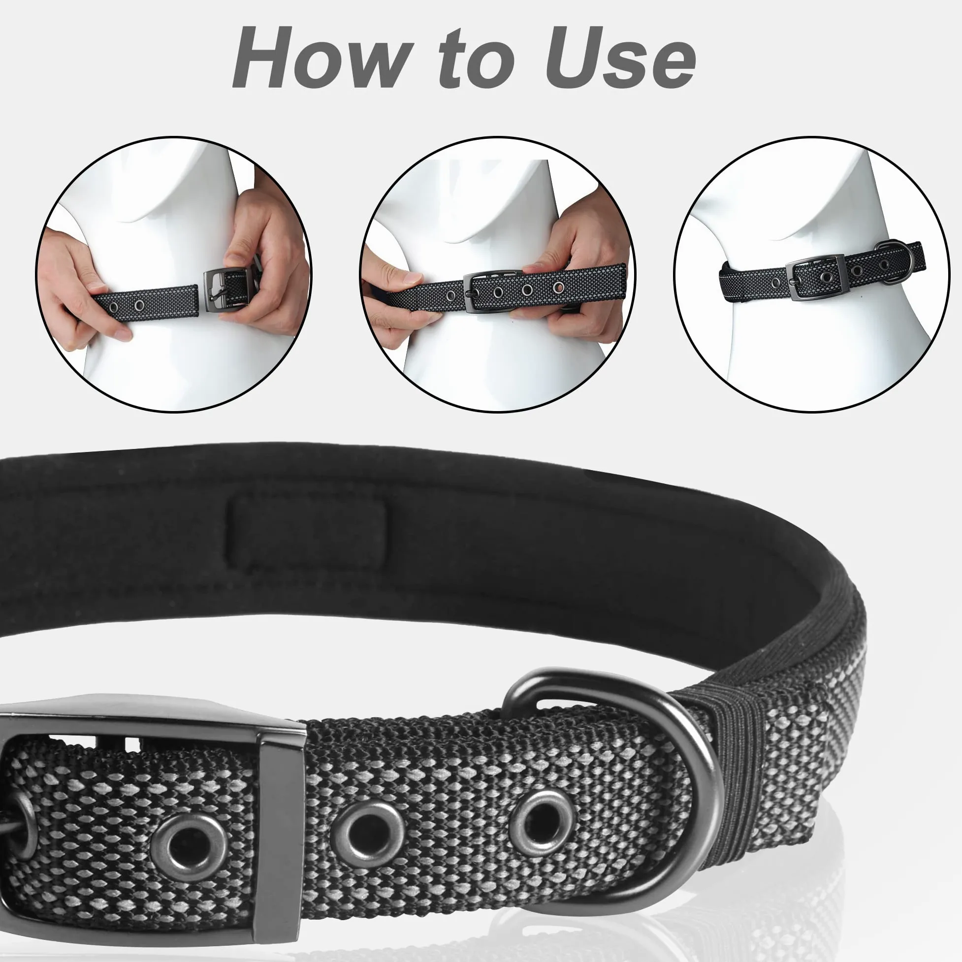 PetiFine Collar de perro resistente para perros medianos, collares de perro con hebilla Nikel reflectante, tamaño conveniente para todas las razas (14.5 a 19 pulgadas, negro)
