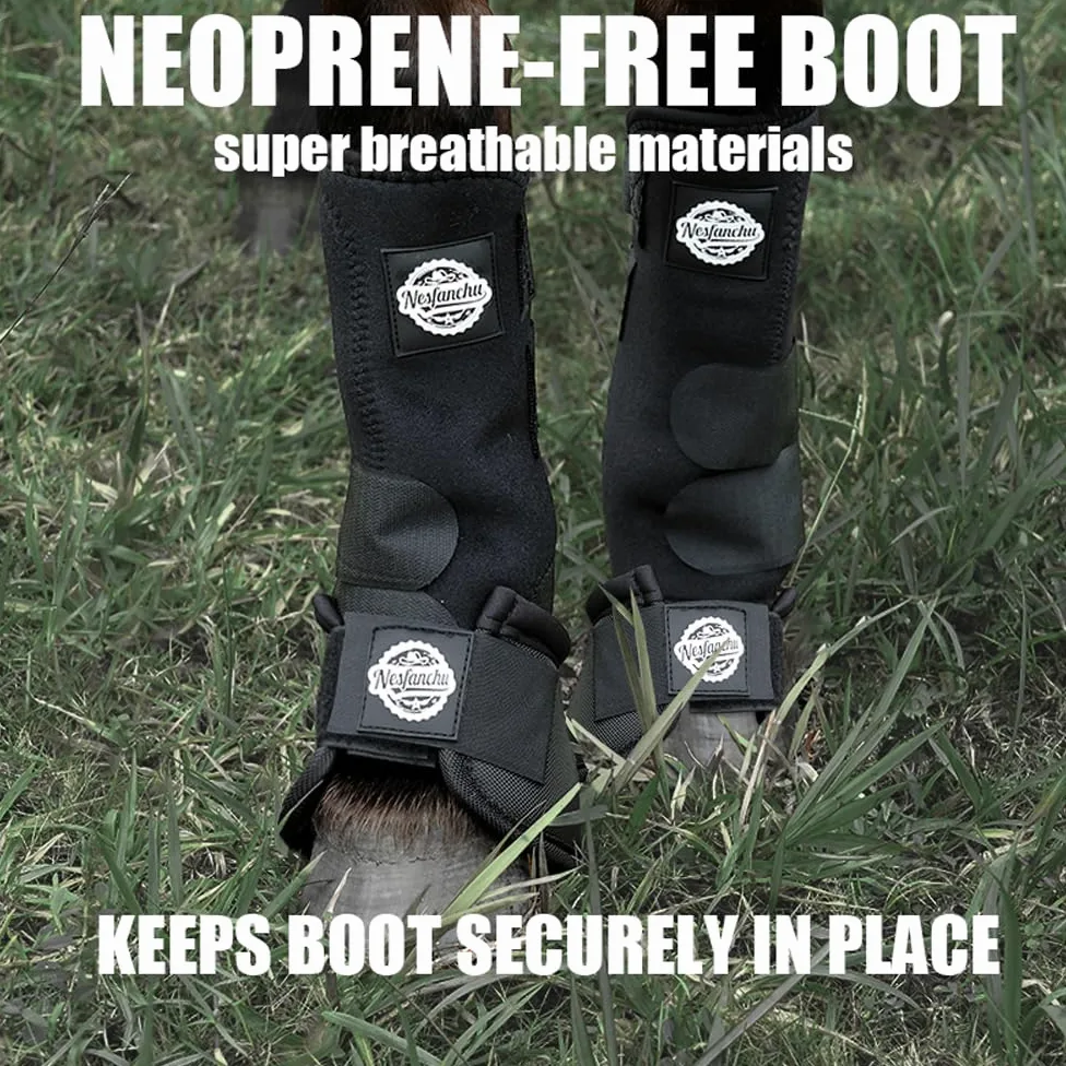 Botas protectoras para caballos de medicina deportiva, protección y amortiguador, adecuadas para entrenamiento de salto y senderos, 2 unidades, diseño de material transpirable (negro