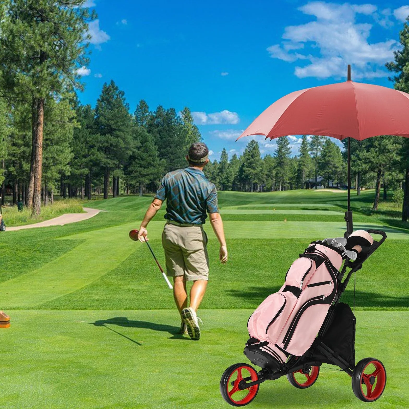 LIFEZEAL Carrito de Golf Plegable 3 Ruedas con Freno de Pie, Altura Ajustable, Paragüero, Portabotellas y Bolsa