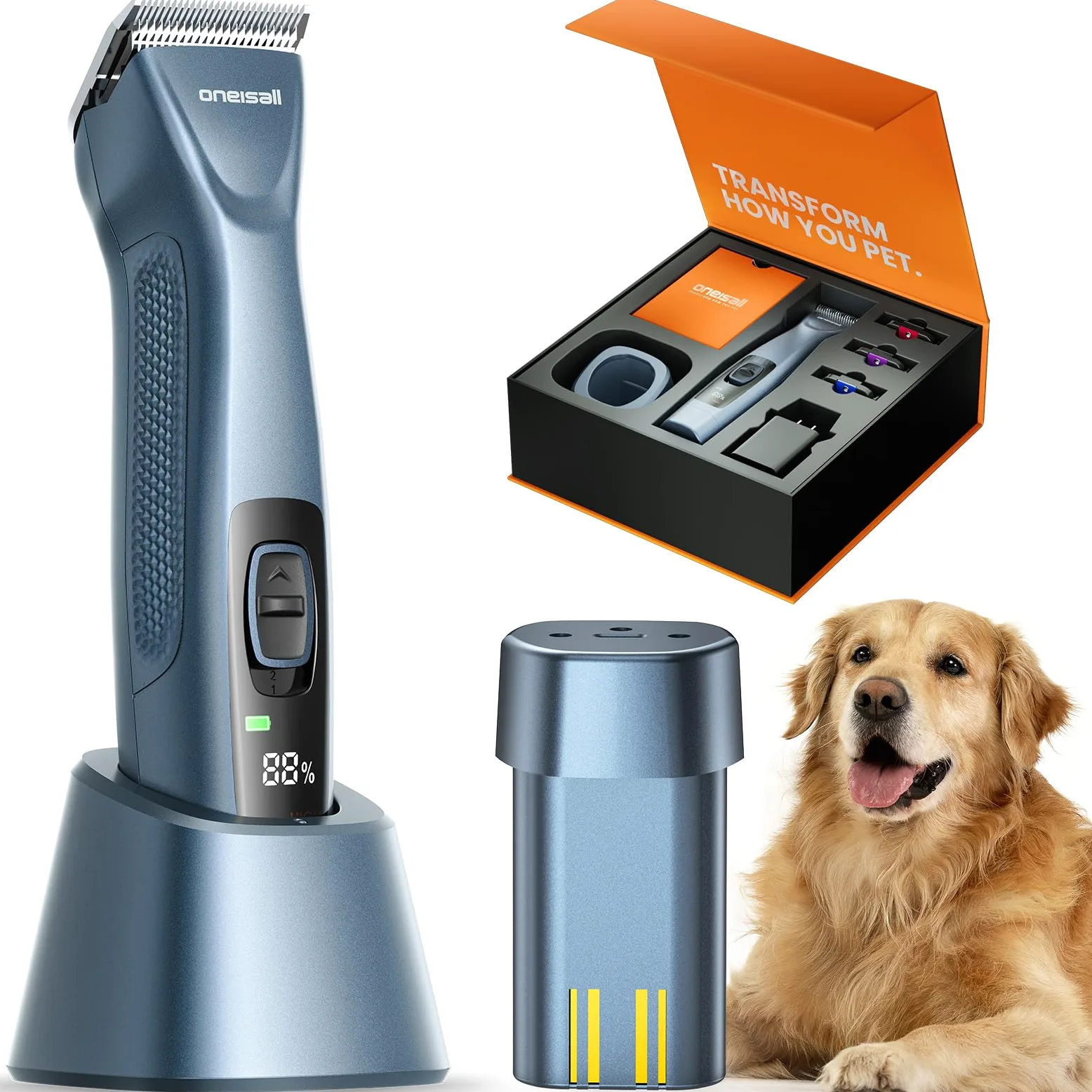 oneisall Cortacésped profesional para perros 2*Batería, recortadora de perros y gatos, 2 velocidades silenciosas para mascotas de pelo grueso, largas, rizado(Azul, 2*Batería)