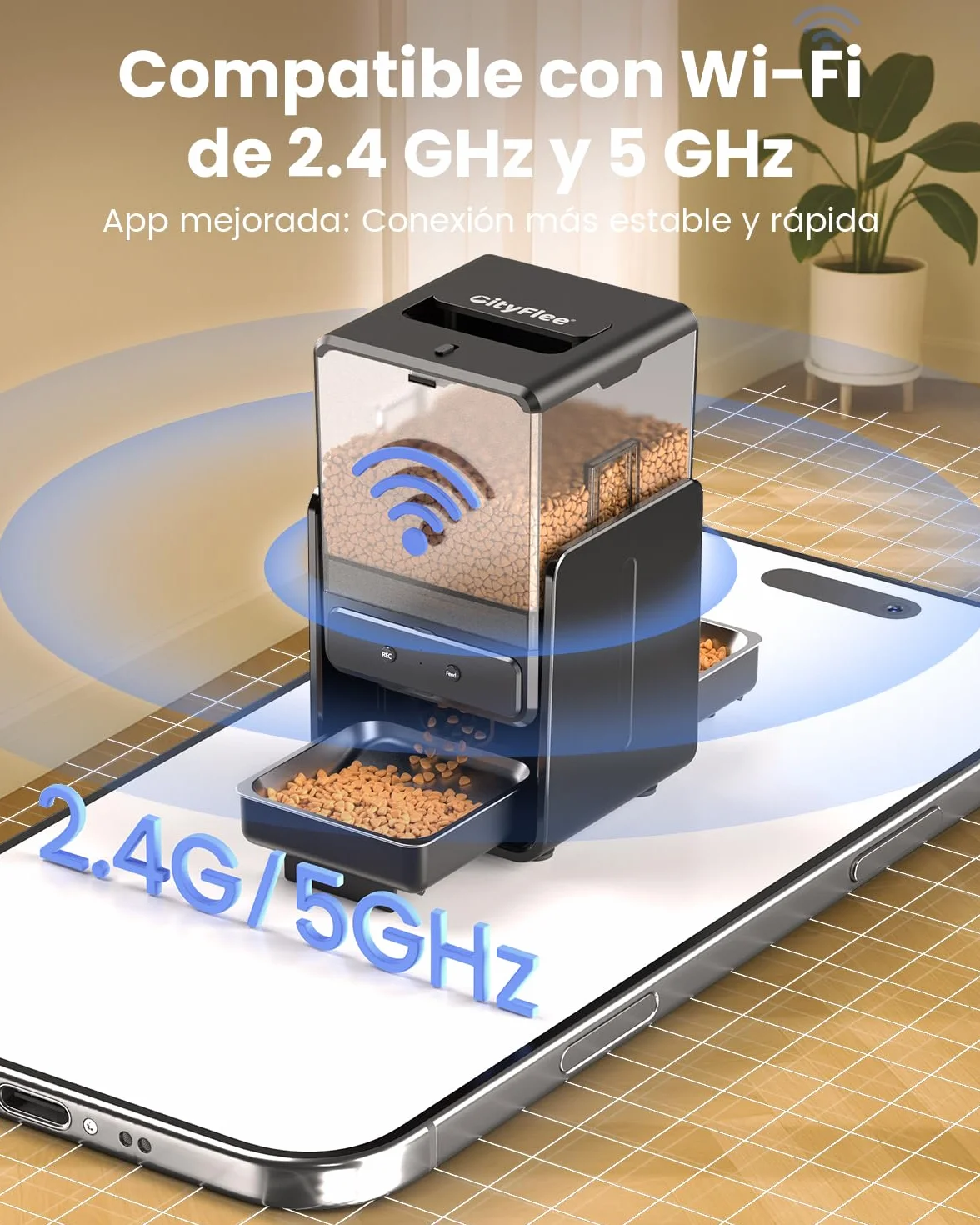Comedero Gato Automatico con Control App para 2 Gatos, Altura Ajustable para Mascotas Pequeñas, Dispensador Comida Gatos de 5 litros para Alimento Seco, Grabadora de Voz