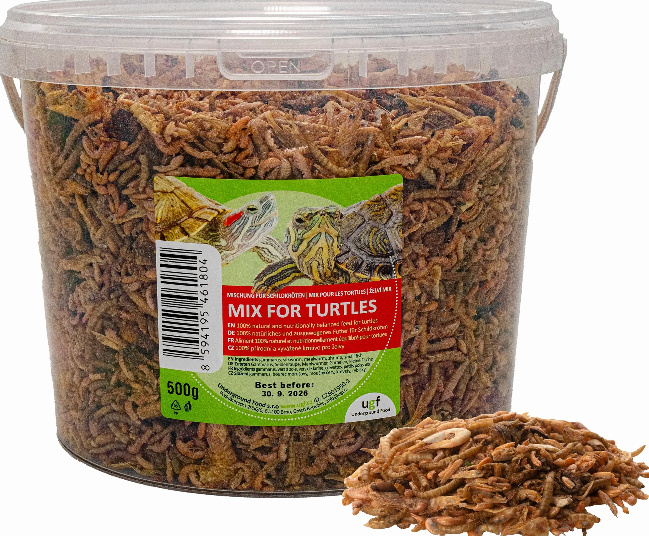 UGF - Mezcla Universal de alimento para Tortugas - 500 g en un Cubo de 3 litros, alimento equilibrado para Tortugas, gammarus, Gusanos de Seda, Gusanos de la harina, camarones y Pescado seco