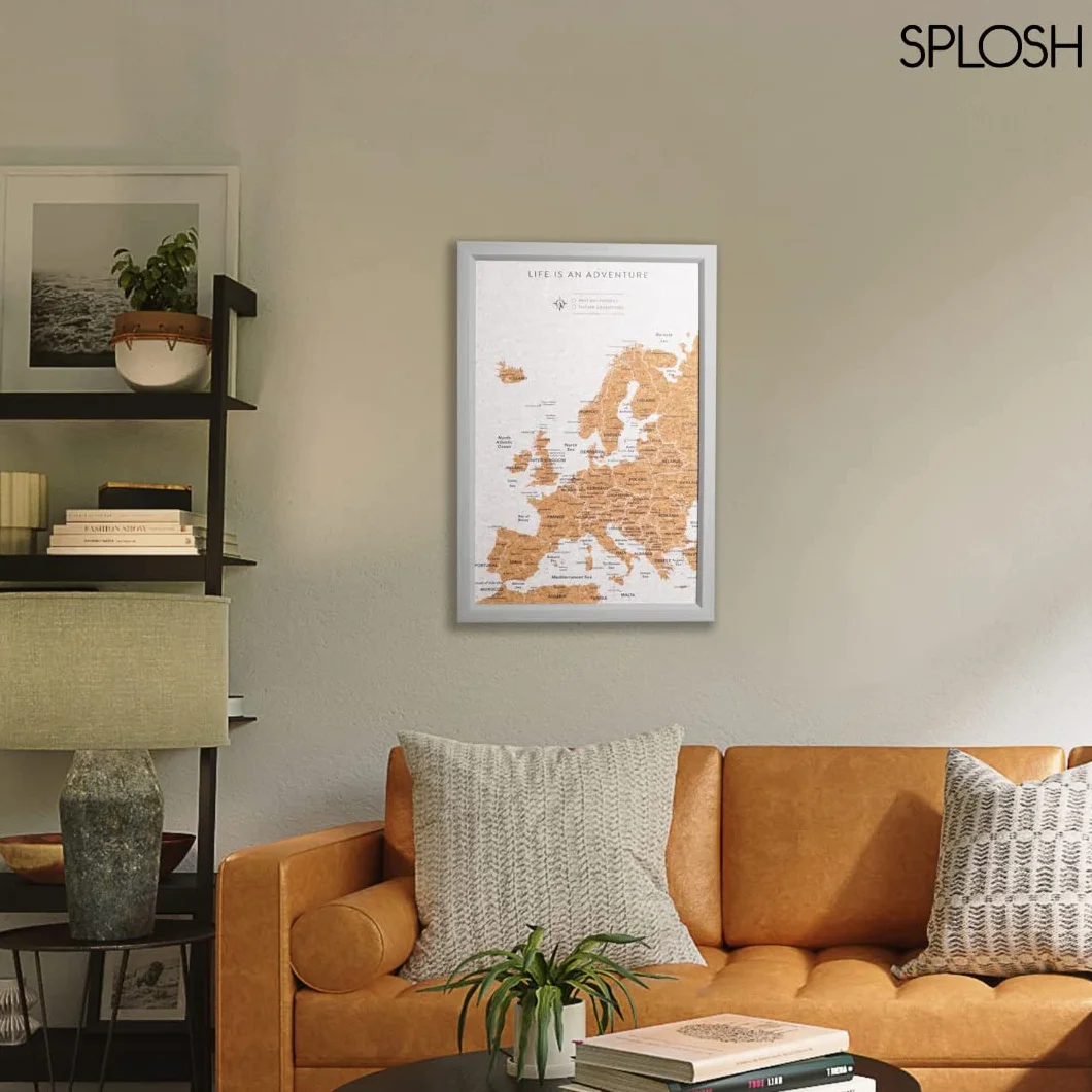 Splosh Tablero de Chinchetas de Viaje Pequeño Europa Marco de Madera Gris 100 Chinchetas