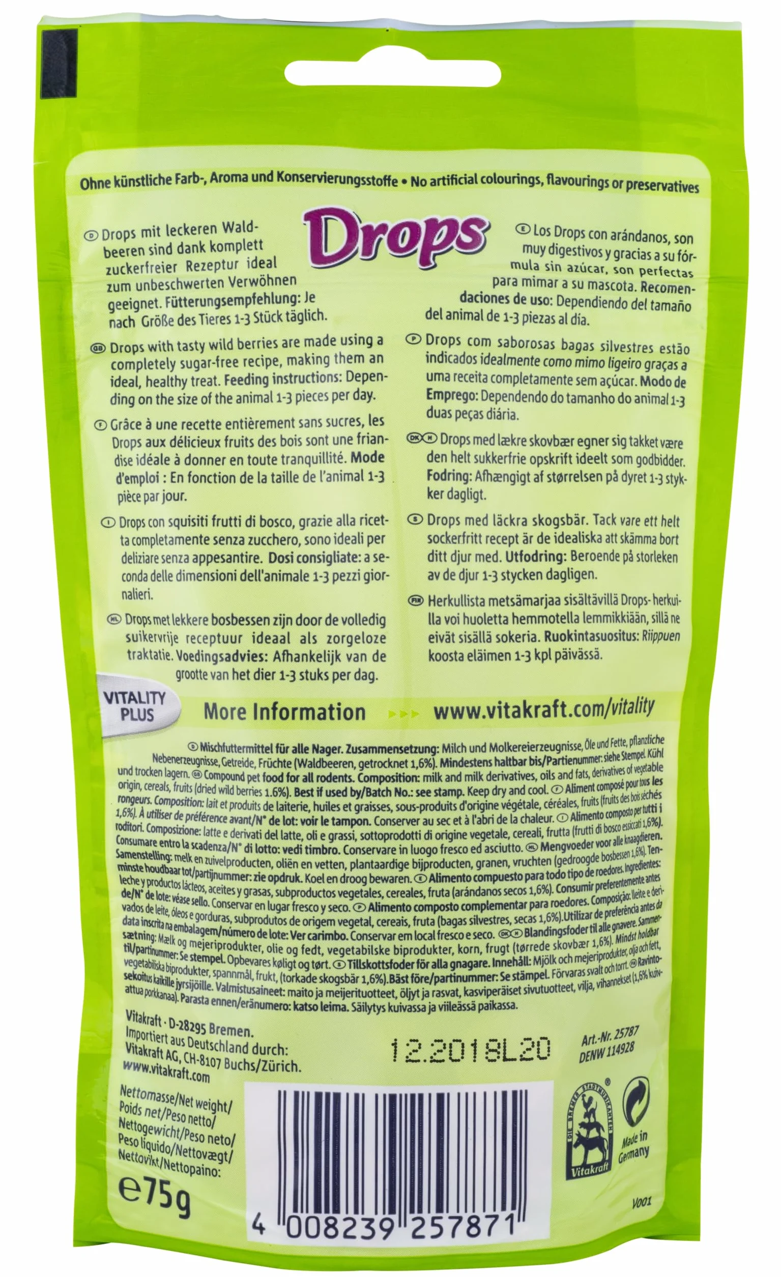 Vitakraft Drops, golosinas para roedores, con bayas silvestres, comida para roedores, para mimarlos, sin azúcar añadido (1x 75g)