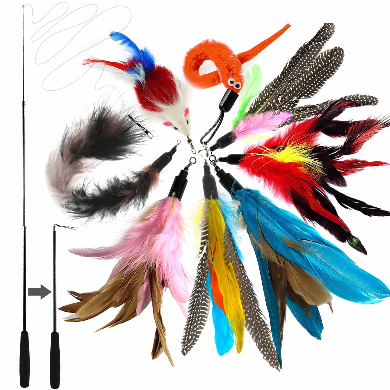 9 Piezas Juguete Plumas Gato,Juguetes para Gatos Caña Gato,1 Varita Retráctil,con 8 Repuestos de Plumas, Pájaros y Ratones