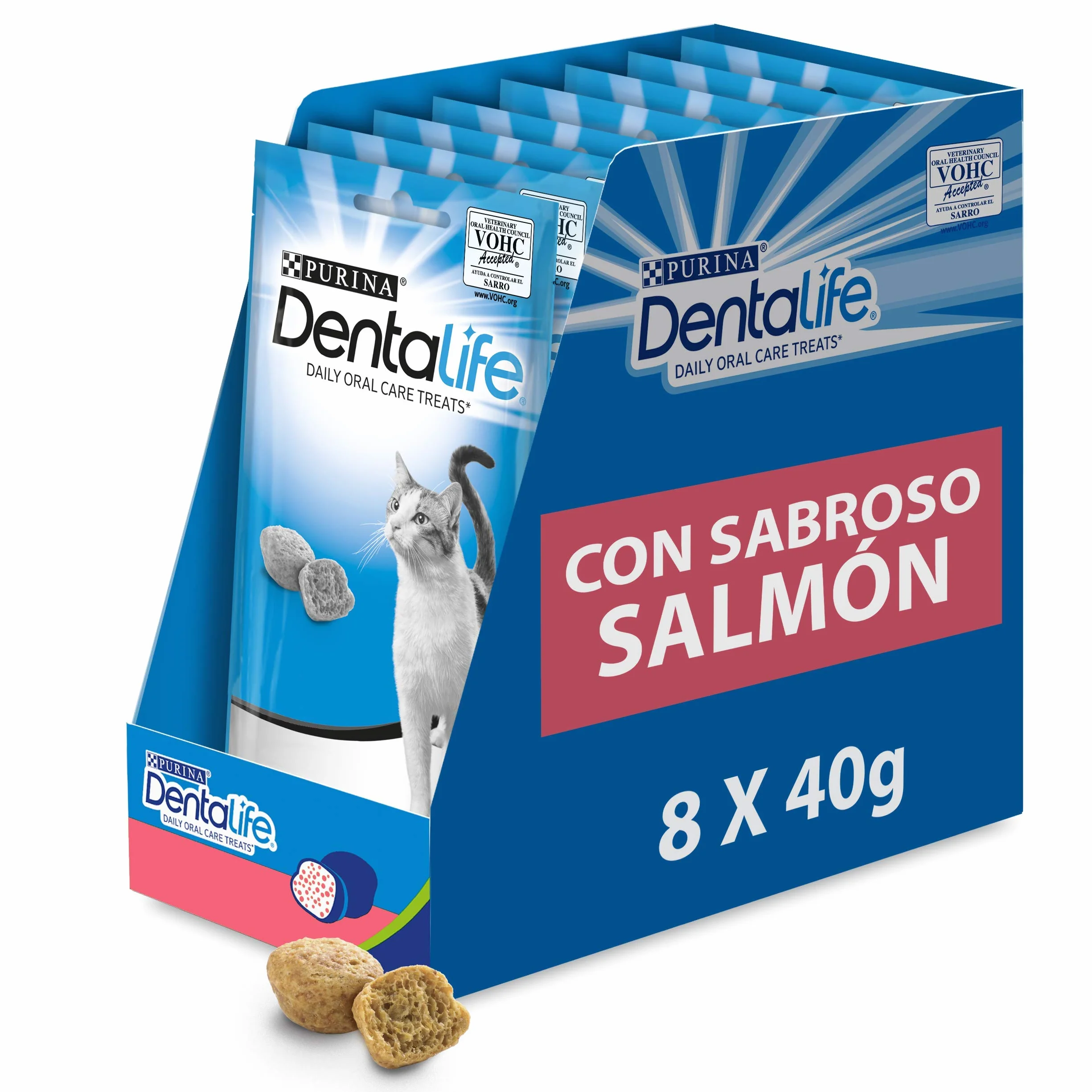 Purina Dentalife Daily Oral Care, Snack dental para gato adulto, premio para Gato con Salmón, Pack de 8 bolsas de 40g