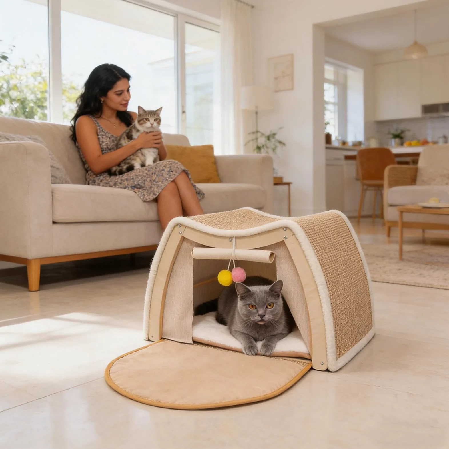 Tienda Cama Gatos Casa de Descanso y Juego con Rascador de Sisal | Villa Cálida De Gatos En Invierno en Interior del Hogar Dormitorio Habitación de Mascotas Suelo Invierno