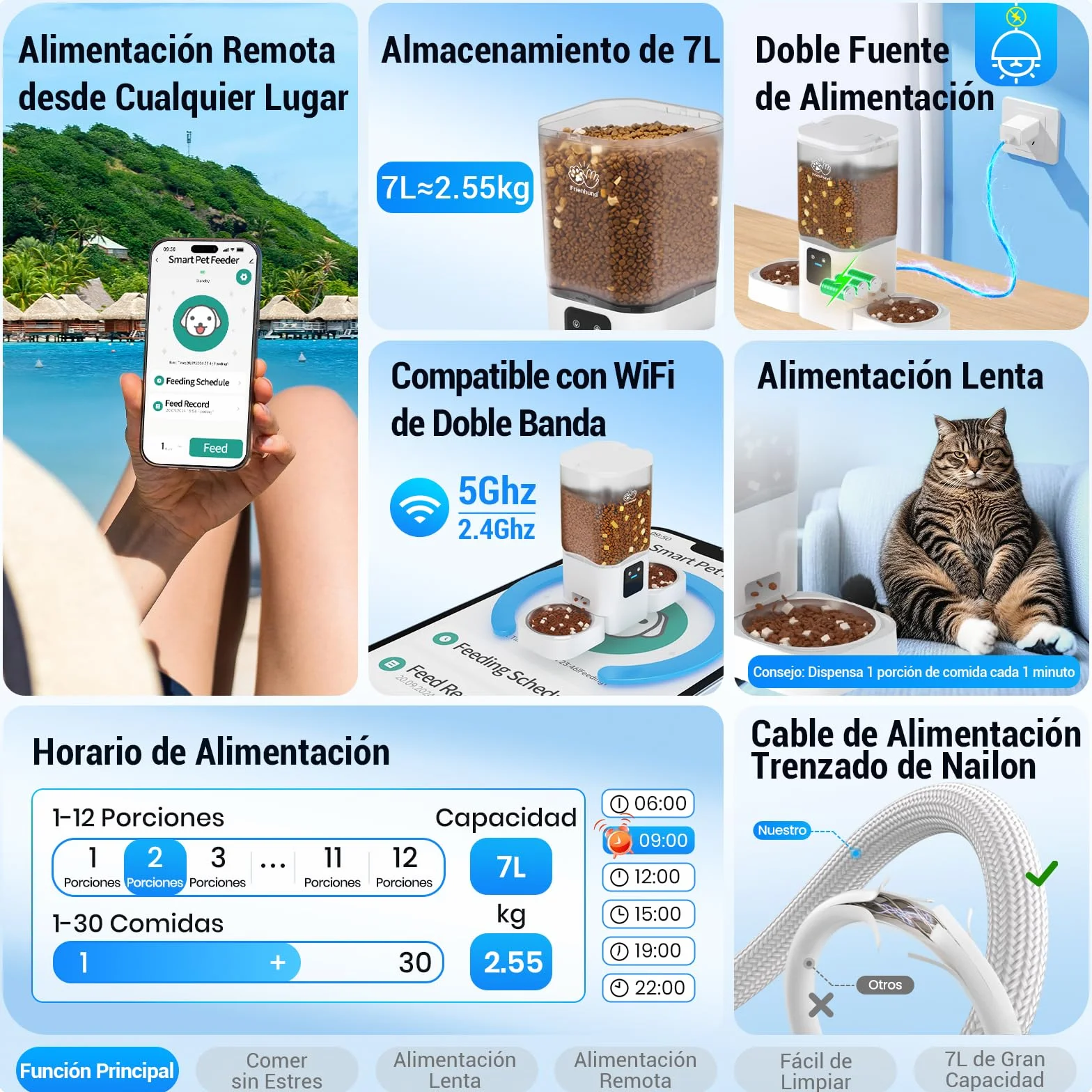 Comedero Gato Automatico Doble WiFi: 5G Dispensador Comida Gatos con Alimentación Lenta y Control por App, Comedero Perro Automatico de 7L para Varias Mascotas, Fácil de Limpiar(ACF190W-C)