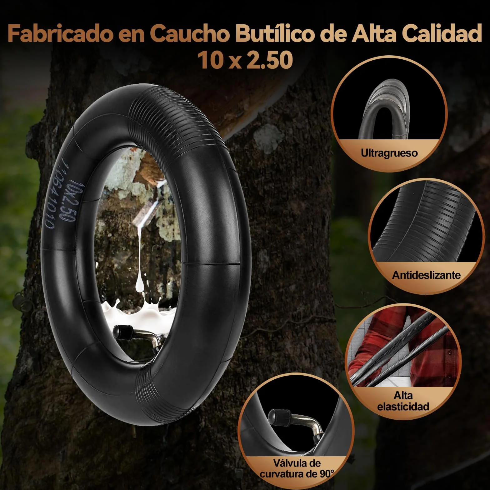 Cámara de Aire Patinete Eléctrico 10 Pulgadas 10x2,50 2MM Engrosada 90° Válvula de Curvatura 60/70-6,5 Neumático Ninebot MAX G30 G30P G30LP