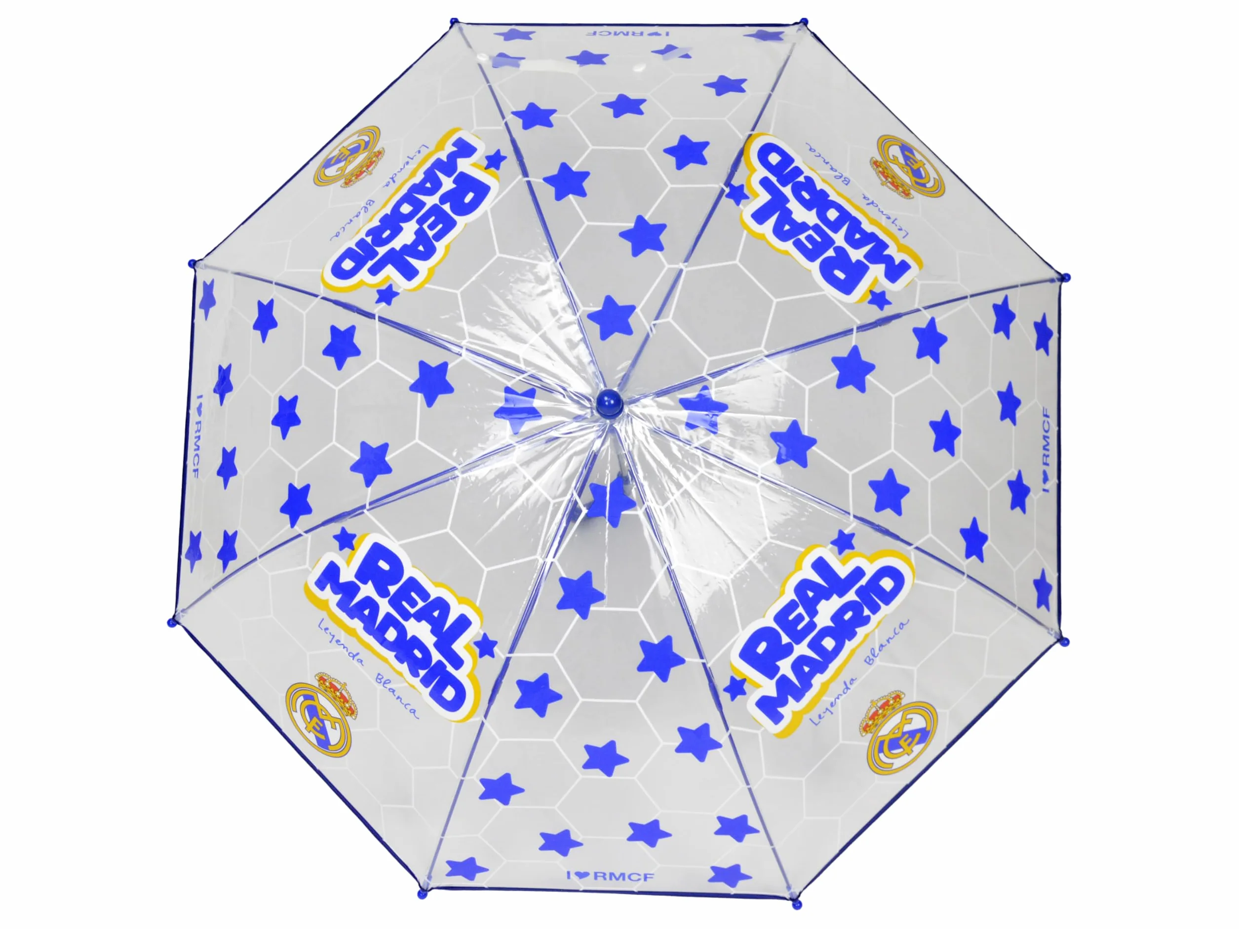 CYPBRANDS Paraguas infantil Real Madrid, Paraguas Manual para Niños, Transparente, 8 Varillas, Tubo Metálico