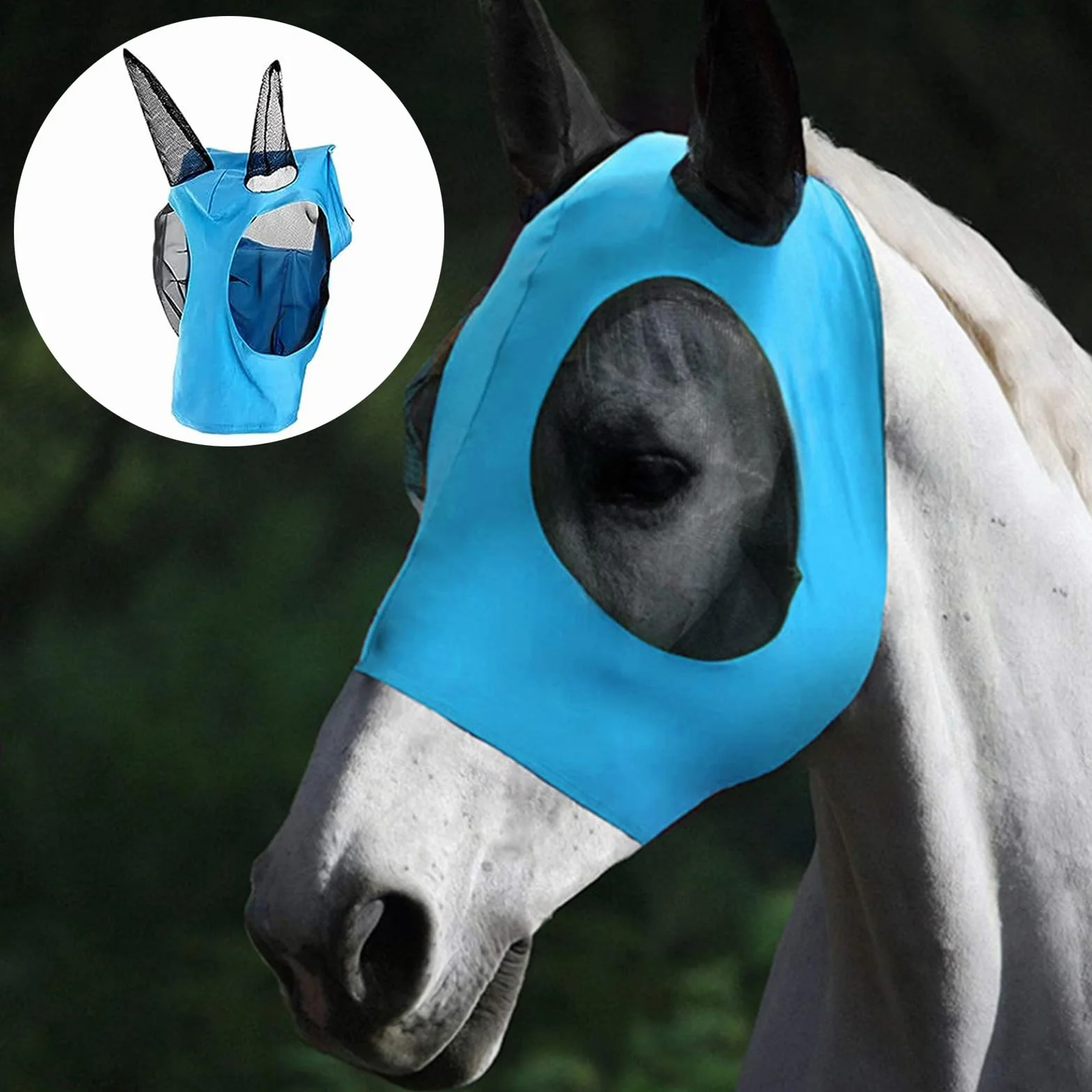 Máscara de Mosca de Caballo, Máscara Antimoscas para Caballo, Máscara de Mosca con Malla Transpirable, Anti-UV, Antimosquitos, Insectos, Máscara de Freno Elástica (Azul)