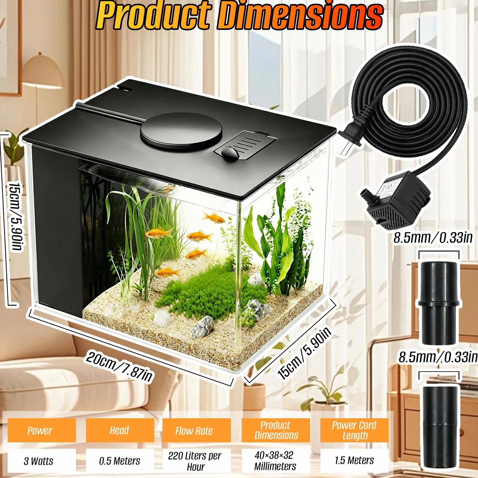 Mini acuario acrílico de 3,7 l con bomba de filtro, iluminación LED, pequeño acuario Betta, juego completo para peces pequeños, gambas y plantas (negro)