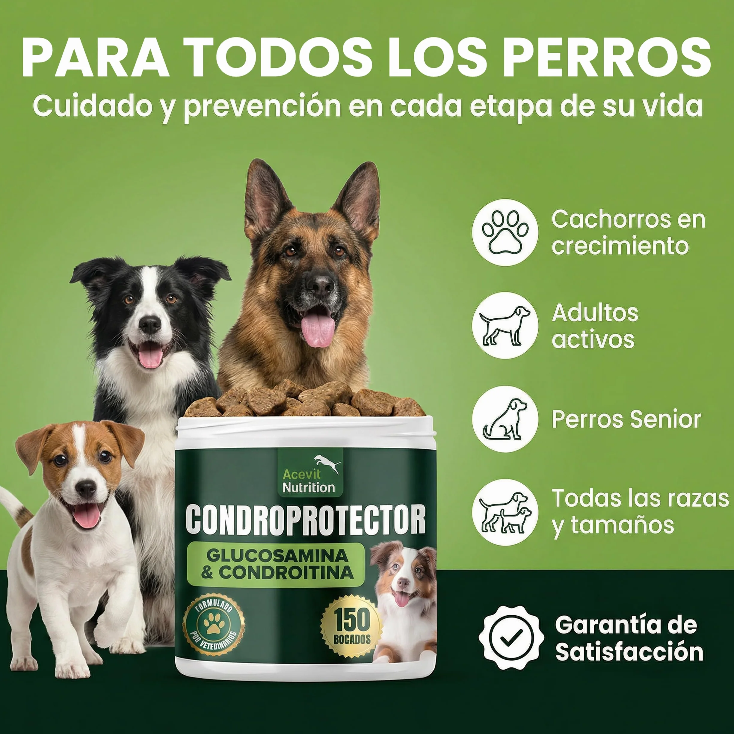 Condroprotector para Perros, 150 Unidades, 100% Natural, Antiinflamatorio, Articulaciones y Cartílagos, Antiartrosis con Colágeno, Glucosamina, Condroitina, MSM, Ácido Hialurónico, Omega 3 y 6