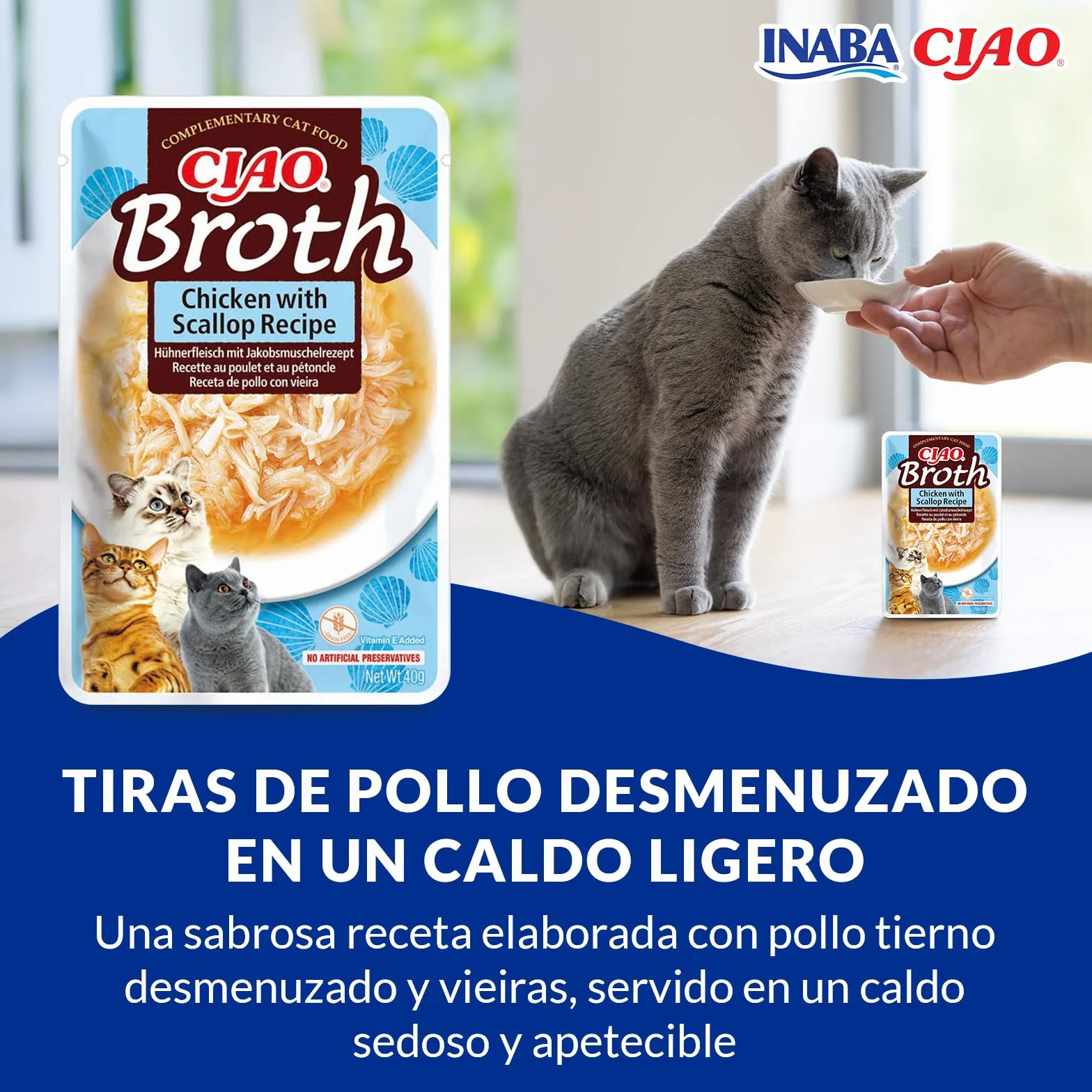 INABA Ciao Broth Gatos - Caldo Receta Pollo y Vieira - Premios Saludables con Proteínas Animales - Snacks Sin Cereales, Sin Conservantes, Sin Colorantes - Sólo 16Cal - 40g