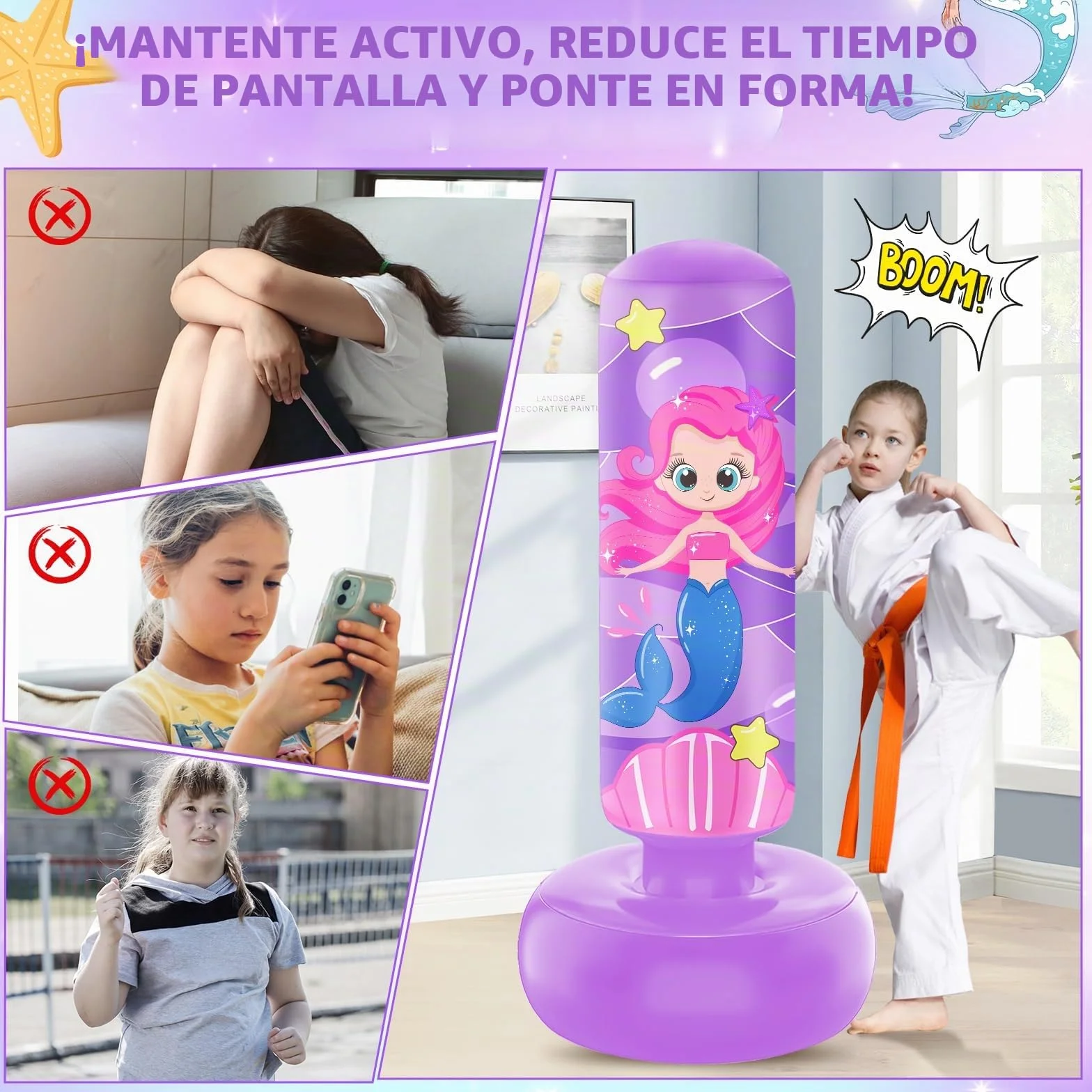 Saco de Boxeo Inflable Grande 168 cm para Niños 5-12 Años con Guantes, Set de Karate Taekwondo MMA