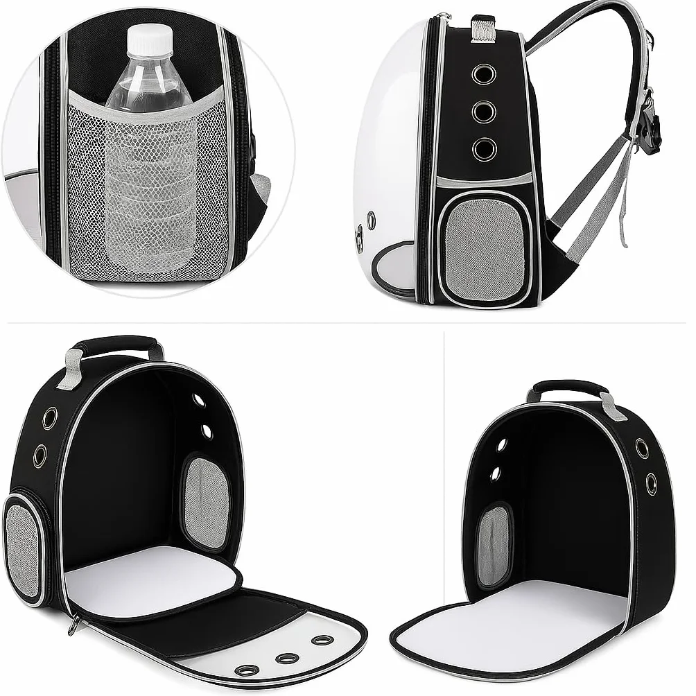 Mochila para Mascotas con Cápsula Transparente, Transportín Portátil para Gatos y Perros Pequeños, Pets, Ventilación Múltiple, Diseño Ergonómico, Mochila Negra