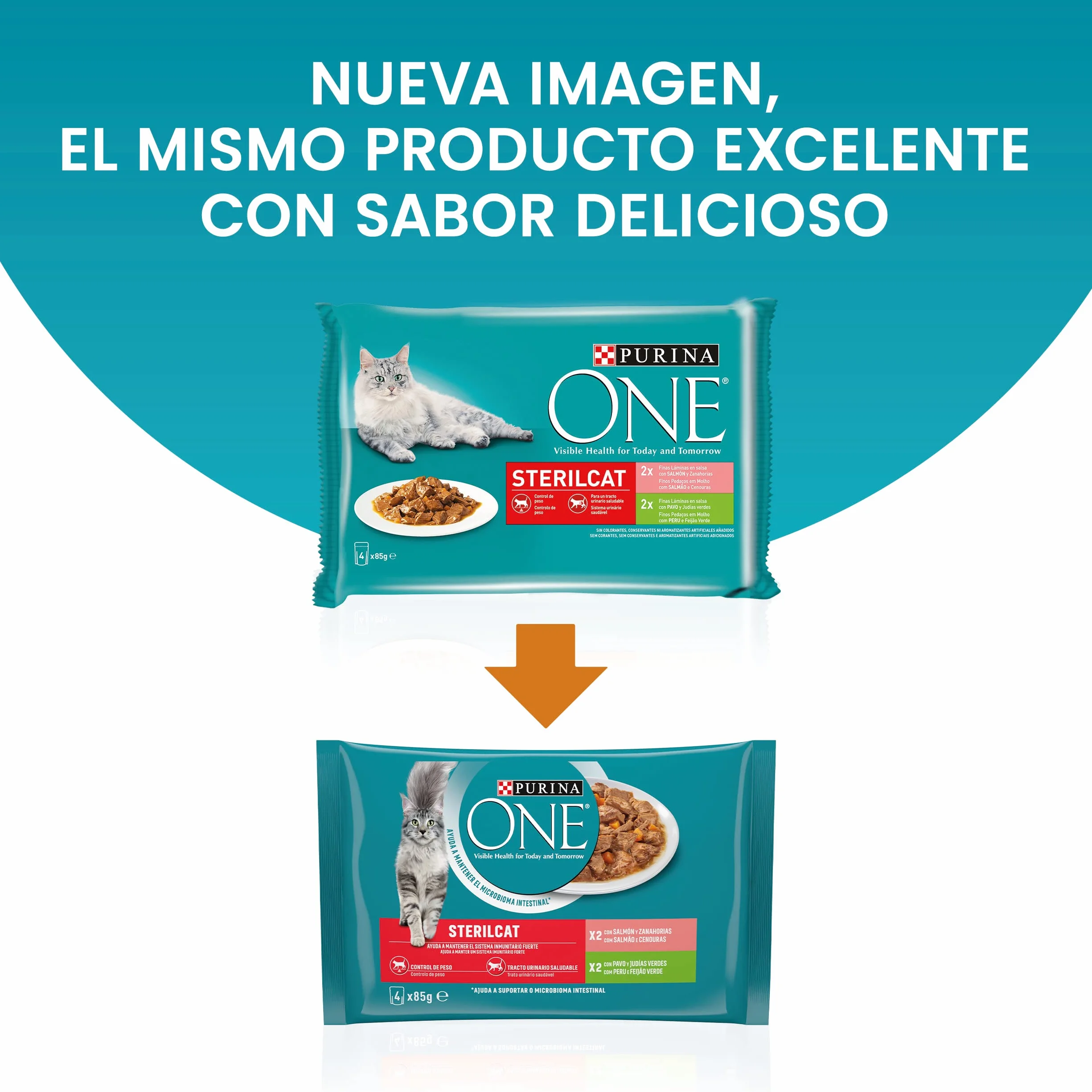 PURINA ONE Sterilcat, Comida Húmeda para Gato Esterilizado Adulto, Trocitos en Salsa, Surtido de Salmón y Pavo, 12 Packs de 4 Sobres de 85 g. (48 sobres)